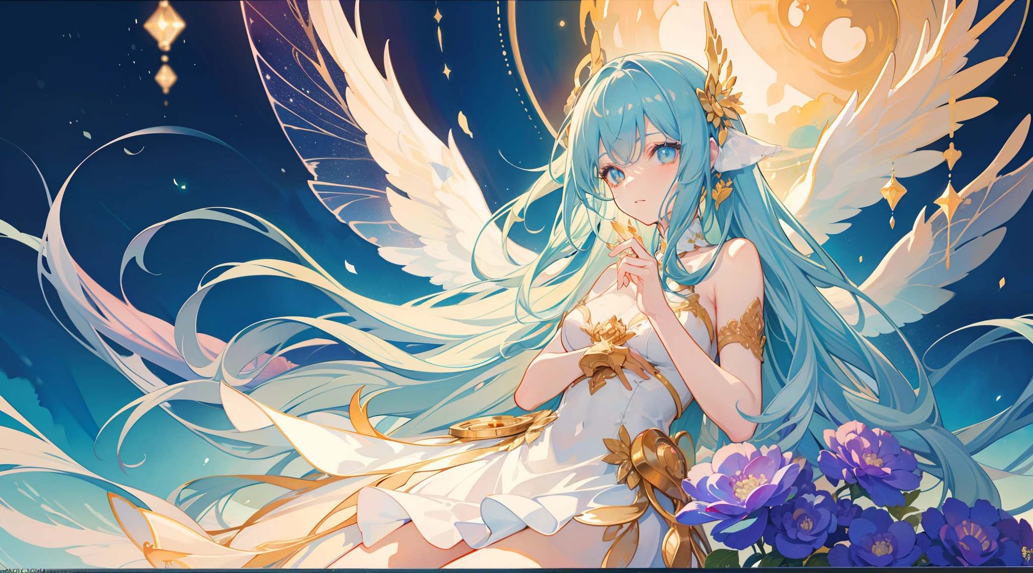 masterpiece, best quality, sharp focus, 8k, intricately detailed environment, anime, watercolor illustration, colorful, bright colors, whimsical, glowing lights, liquid otherworldly, fairy lights, beautiful girl in flowing liquid glowing dress, perfect face, golden ratio, sparkling eyes, watercolor, liquid light, angel wings