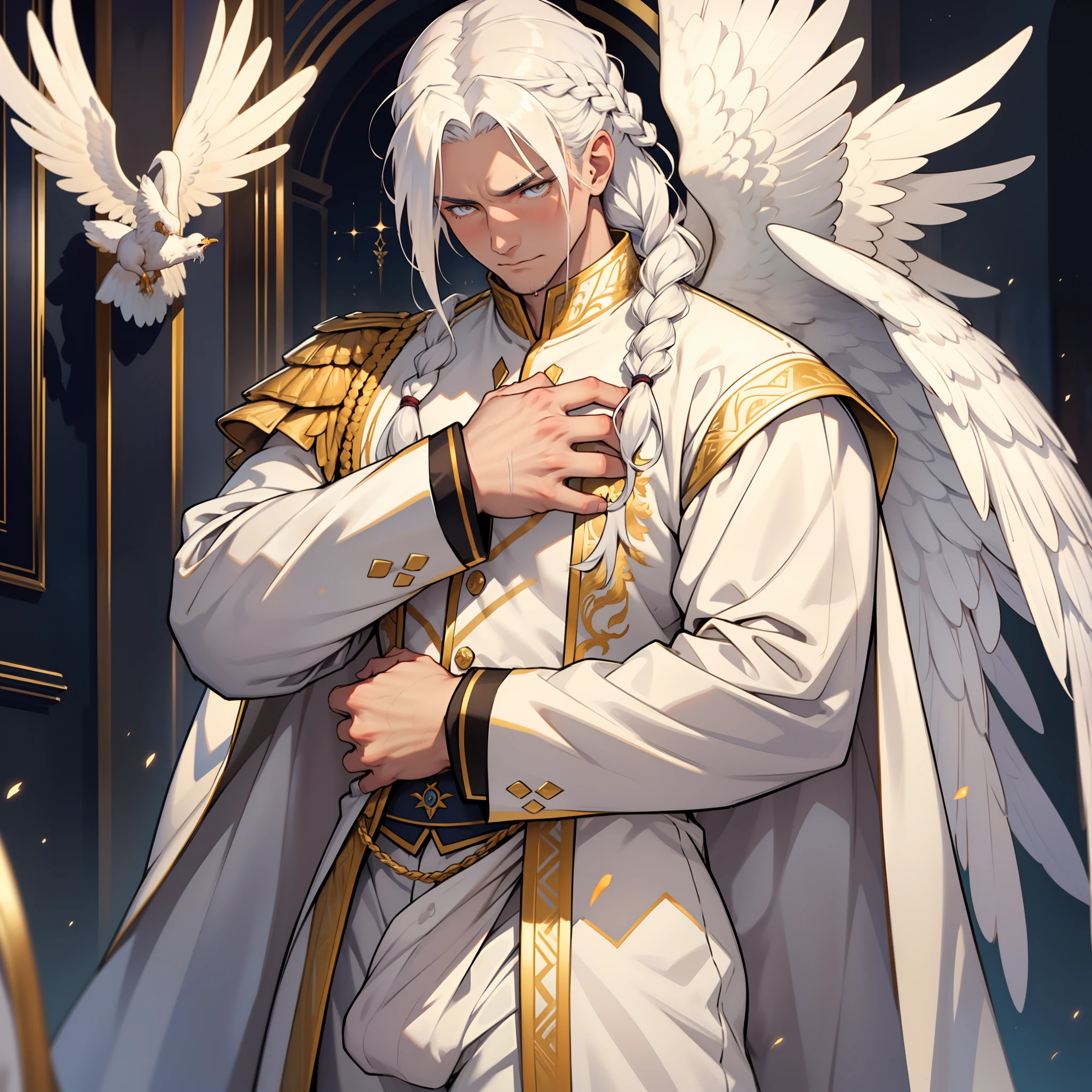 Handsome male. Long white hair. Golden eyes. Roman nose. Shy look. Soft doe eyes. Ecstasy expression. Royal white and gold attire. Huge white wings. Bulge in pants. White Phoenix. Shy. Shy. Braided hair. Bara male. Detailed body. Drooling. Begging. Whimpering. Ecstasy expression. Aroused. Detailed body. Good quality. Big bulge in pants. Penis out. Hard erection