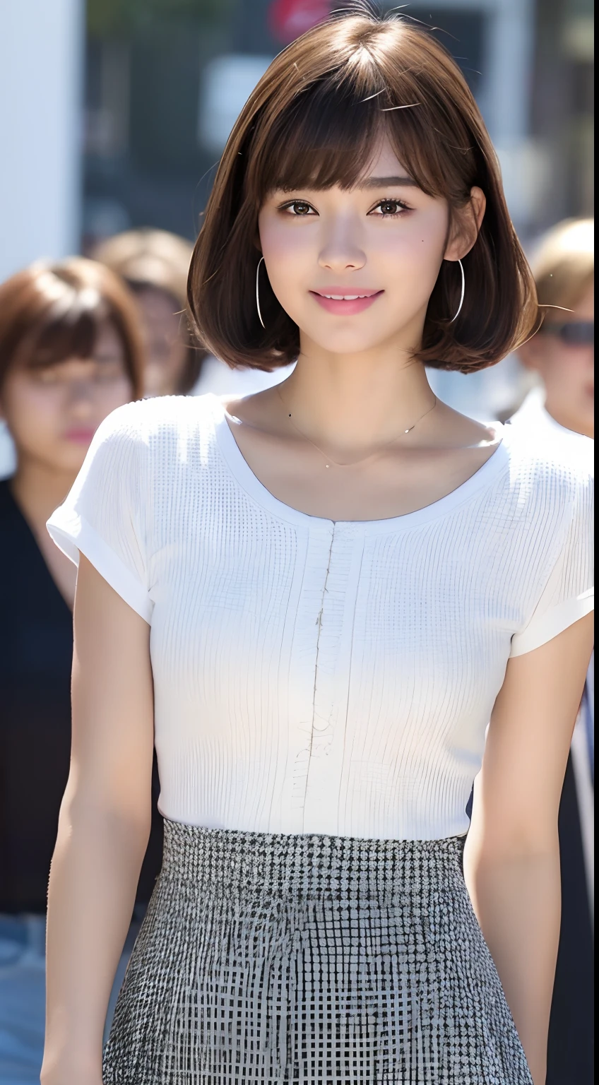 (8K、Raw photography、top-quality、masuter piece:1.2)、ultra-detailliert、ultra res、(realisitic、rialistic photo:1.37)、portlate、high-definition RAW color photography、Professional Photography、highly detailed and beautiful、ighly detailed、8K Picture Wallpaper、amazing detailed、huge filesize、Official art、Highly detailed CG Unity 8K wallpapers、highly detailed beautiful girl、extra detailed face、extremely detailed eye、highlydetailed skin、extremely detailed fingers、highly detailed nose、very detailed detailed mouth、Perfect Anatomy、highly detailed back ground、Highly detailed clothing、女の子 1 人、(18:1.2)、Teen、Cute little girl s、famous Japan idol、cute little、Realistic body、小柄、de pele branca、glistning skin、Slim body、Handsome body、brown haired、short constricted curly hair、(Blunt bangs:1.2)、A smile、kawaii、zora々Right、kawaii faces、Lifelike face、Delicat eyes、Sauce order、White T-shirt、skirt by the、耳Nipple Ring、Looking at the camera、cowboy  shot、front facing、Standing、Contrapo, high street, public, 动态照明,short-hair、bobhair、shorth hair