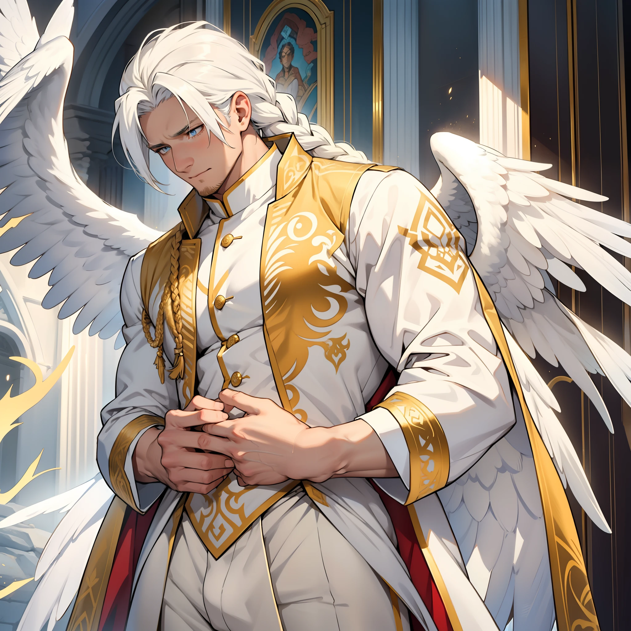 Handsome male. Long white hair. Golden eyes. Roman nose. Shy look. Soft doe eyes. Ecstasy expression. Royal white and gold attire. Huge white wings. Bulge in pants. White Phoenix. Shy. Shy. Braided hair. Bara male. Detailed body. Drooling. Begging. Whimpering. Ecstasy expression. Aroused. Detailed body. Good quality. Big bulge in pants. Penis out. Hard erection