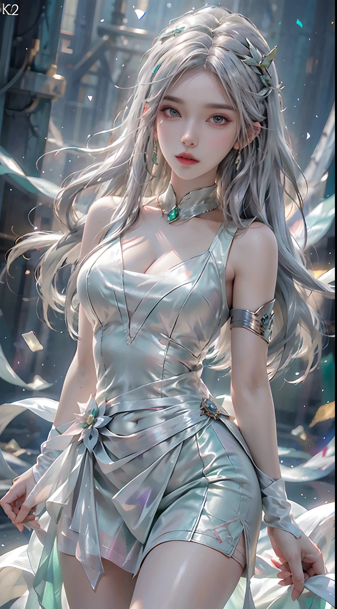 photorealistic, high resolution, 1women, solo, hips up, look at viewer, (detailed face), white hair, green dress, kda