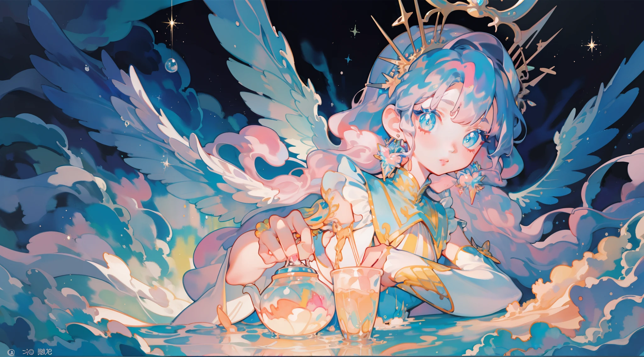 masterpiece, best quality, sharp focus, 8k, intricately detailed environment, anime, watercolor illustration, colorful, bright colors, whimsical, glowing lights, liquid otherworldly, fairy lights, beautiful girl in flowing liquid glowing dress, perfect face, golden ratio, sparkling eyes, watercolor, liquid light, angel wings