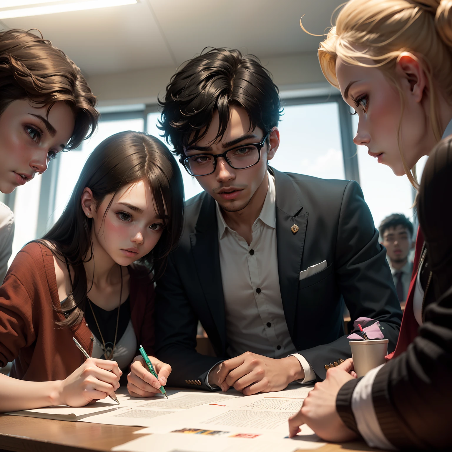 Create an image depicting a male student with group of students supporting each other, studying together, and engaging in constructive activities, demonstrating the power of positive peer influence in maintaining a conducive learning environment.