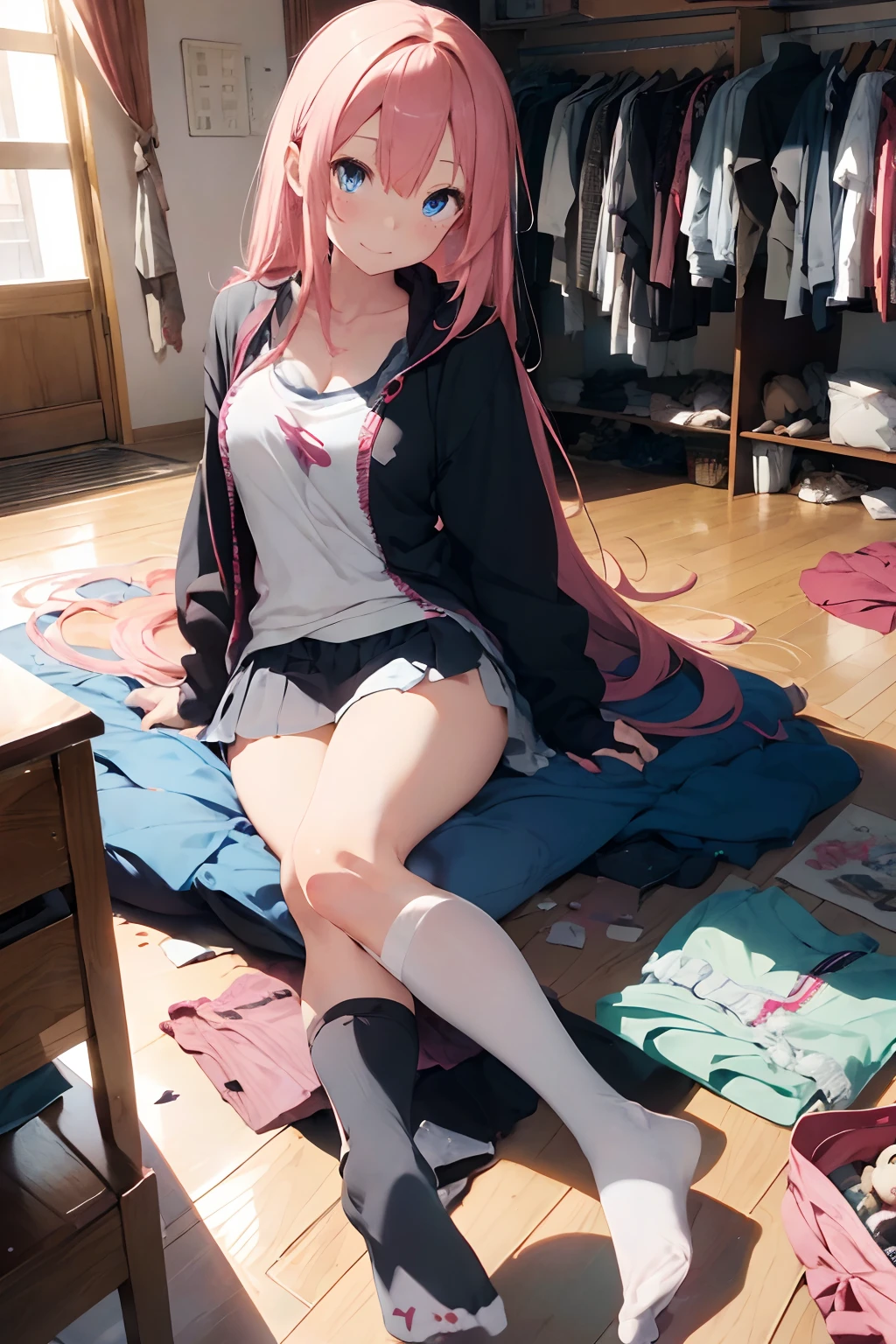 masutepiece, Best Quality, (A lot of clothes scattered:1.8)、super detailed, 8K_Wallpaper,A pink-haired,Very long hair, (Beautiful eyes), ((Cute)), Cute, (lovely), 3女の子,cleavage,thighs thighs thighs thighs,Tank Tops、Mini skirt,,.high socks,, knee sox,Smile,,Striped panties,Back view,pixv art,Anime,gals,slim,slender,(A lot of clothes are falling:1.4)、,Black eyes|Blue eyes,Cluttered rooms、Sit-in、Large room