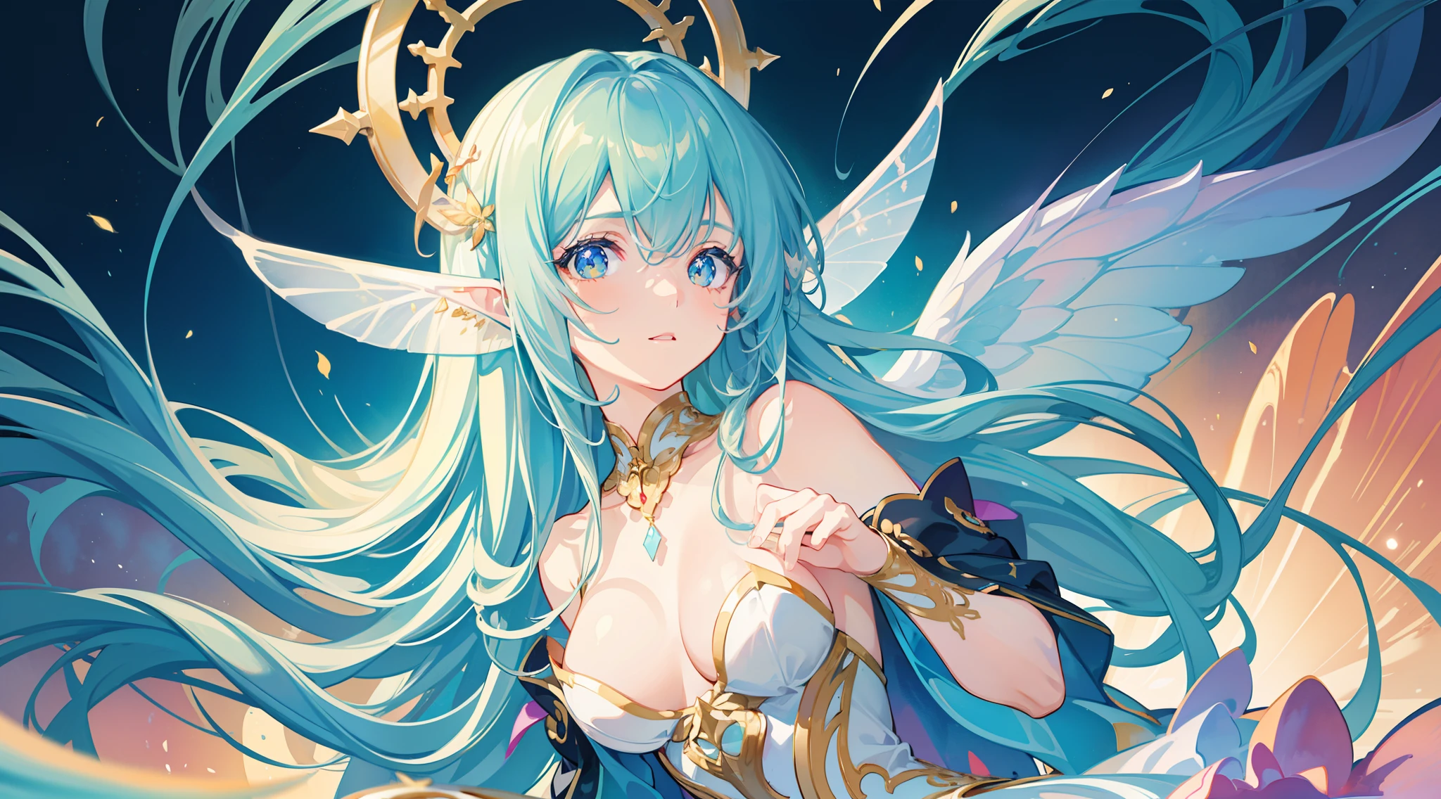 masterpiece, best quality, sharp focus, 8k, intricately detailed environment, anime, watercolor illustration, colorful, bright colors, whimsical, glowing lights, liquid otherworldly, fairy lights, beautiful girl in flowing liquid glowing dress, perfect face, golden ratio, sparkling eyes, watercolor, liquid light, angel wings