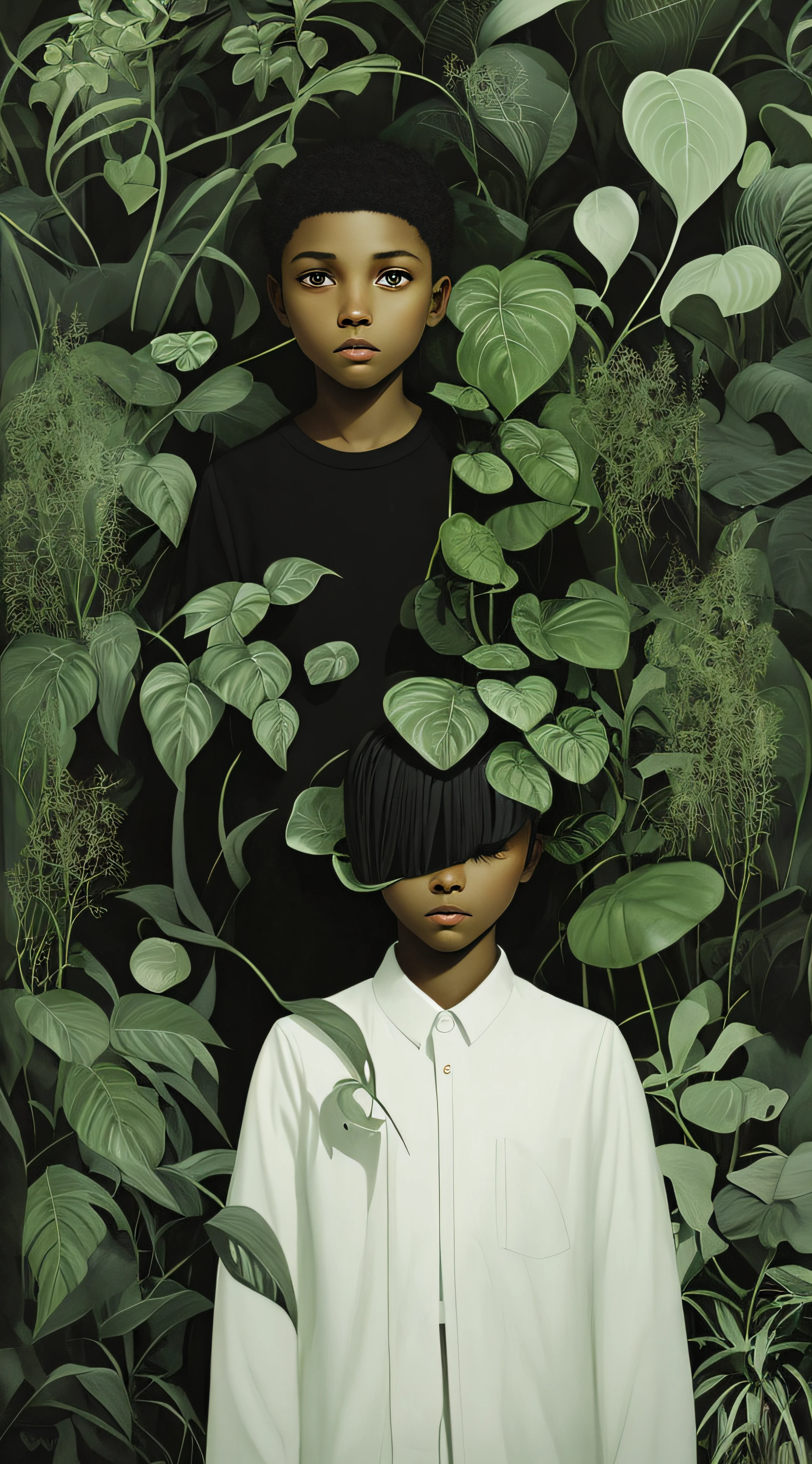 "(Black boy:1.2), (surrounded by plants:1.1), (by Ruben Ireland:1.1)"
