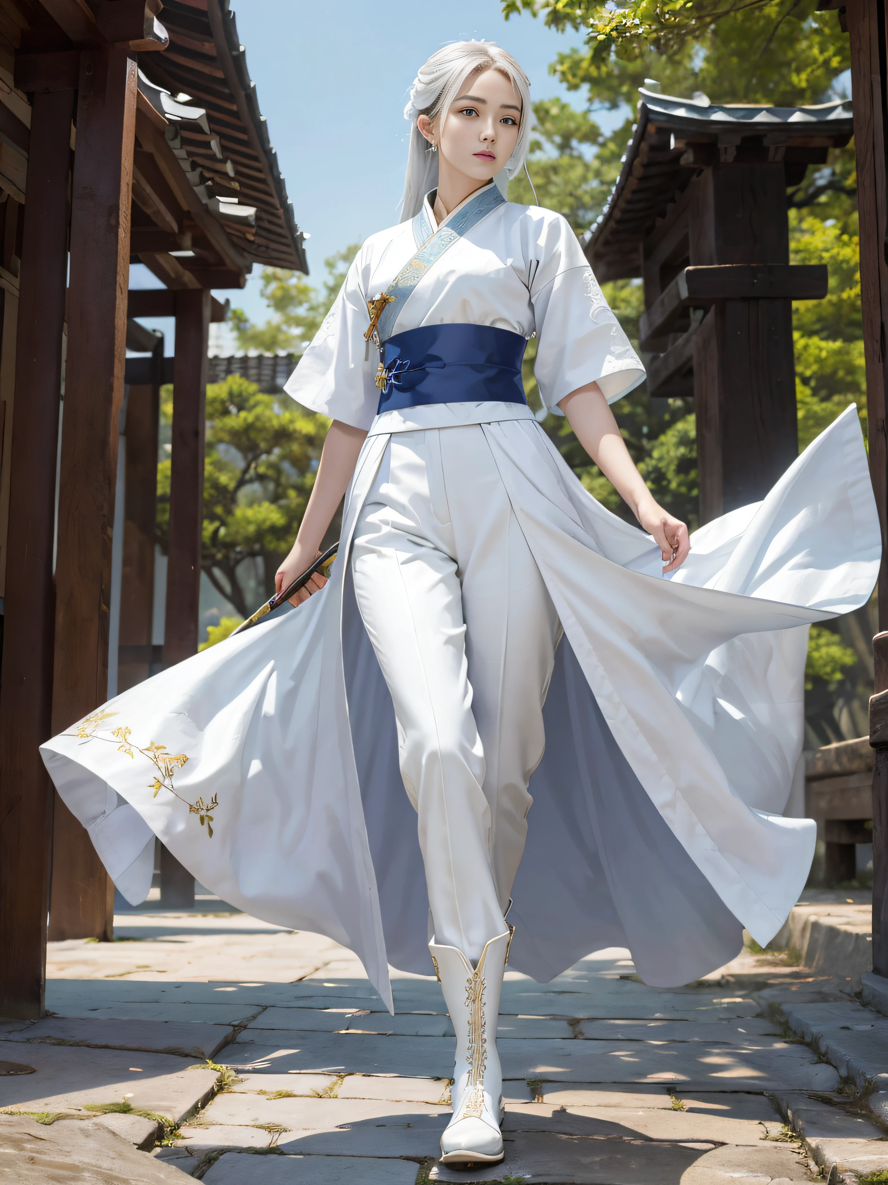 Royal sister,swordsmen,Big sister type,Oriental women,gallant woman,Cold sass,,tmasterpiece,A high resolution,,Absolutely beautiful,,(Wide buttock:1.4),(Thick legs:1.4),are standing,exquisitedetails,A high resolution,Wallpapers,1female,独奏,,enchanted、Raised sexy, Rich expressions, trinkets,Tight white hanfu,,校服,Short sleeves tight white trousers,Wearing white boots,With a sword,embroidery, natural poses,standing on your feet, Fanning,16K,HDR,A high resolution,depth of fields,Bocoon,prime time,Vignette,rainbowing,