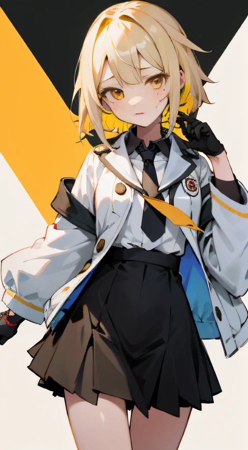 Masterpiece, hachi_(vtuber), 1girll, mitts, Virtual YouTuber, Jacket, Blonde hair, Black gloves, tiese, White jacket, Short hair,  hair adornments, Cropped jacket, multicolored hair, Yellow eyes, Long sleeves, upper legs, black necktie, whaite hair, Black skirt, Skirt, Black dress, shirt, Moles under eyes, Cowboy shot,