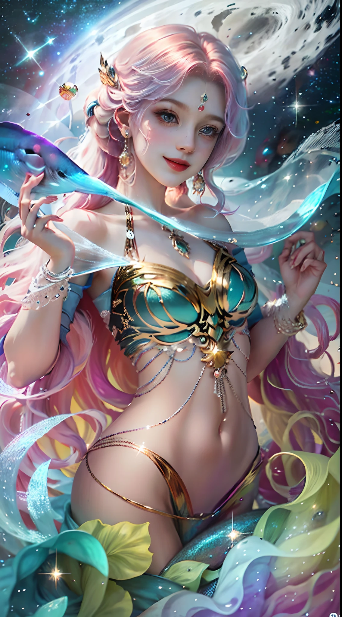 realistness,Wonders of the deep sea,The movie character is scaled by rainbow-colored fish,Glittering,Starry Sky,space,The universe,Vast stars,The ears are slender and delicate,Colorful bubbles,Structured,Full of special effects,Distinctive features,charming smile,complete fingers,24k,moist skin,Pose for the camera,Perfect fishtail,floating long hair,