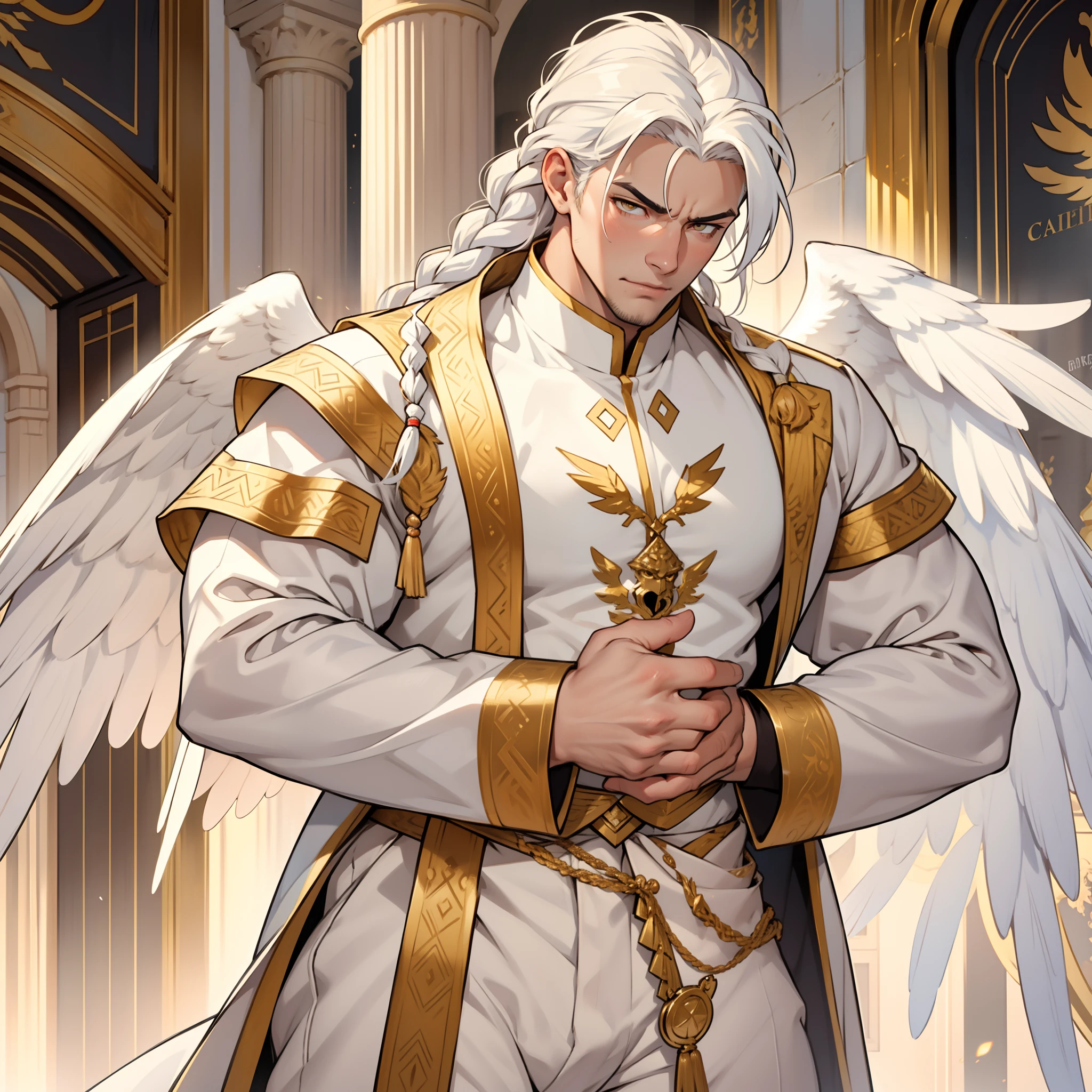 Handsome male. Long white hair. Golden eyes. Roman nose. Shy look. Soft doe eyes. Ecstasy expression. Royal white and gold attire. Huge white wings. Bulge in pants. White Phoenix. Shy. Shy. Braided hair. Bara male. Detailed body. Drooling. Begging. Whimpering. Ecstasy expression. Aroused. Detailed body. Good quality. Big bulge in pants. Erection. Hard erection