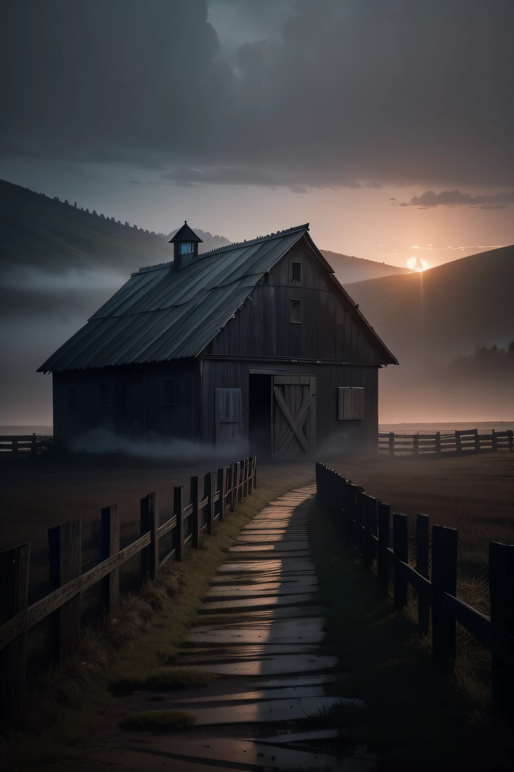 masterpiece, 4k, sharp focus high quality, deep and low view and imagine a real photo of an abandoned barn with door open and light comes out from the front door situated in a dark and eerie landscape. The focal point of the image is an old, weathered wooden barn with a few horses nearby. The farm is engulfed in darkness and cold, and an atmosphere of fear pervades the surroundings. The scene should depict an almost dawn night, where the dim and soft light of dawn is starting to filter through the thick fog on the horizon
