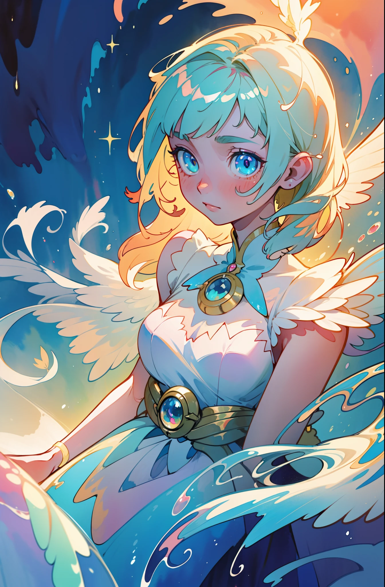 masterpiece, best quality, sharp focus, 8k, intricately detailed environment, anime, watercolor illustration, colorful, bright colors, whimsical, glowing lights, liquid otherworldly, fairy lights, beautiful girl in flowing liquid glowing dress, perfect face, golden ratio, sparkling eyes, watercolor, liquid light, angel wings