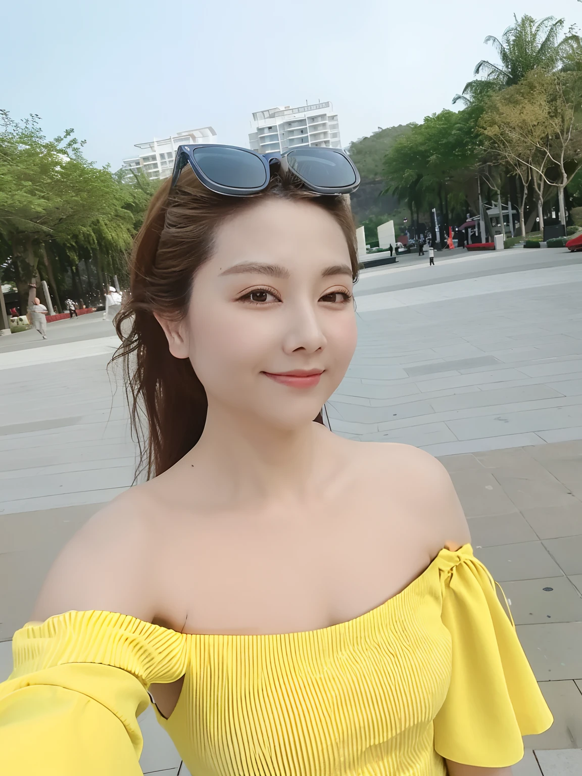 araffe woman in yellow dress and sunglasses standing in a city square, 30 years old woman, 3 0 years old woman, beautiful south korean woman, 2 7 years old, 2 9 years old, 2 8 years old, xintong chen, 3 2 years old, heonhwa choe, 3 2 - year - old, 38 years old