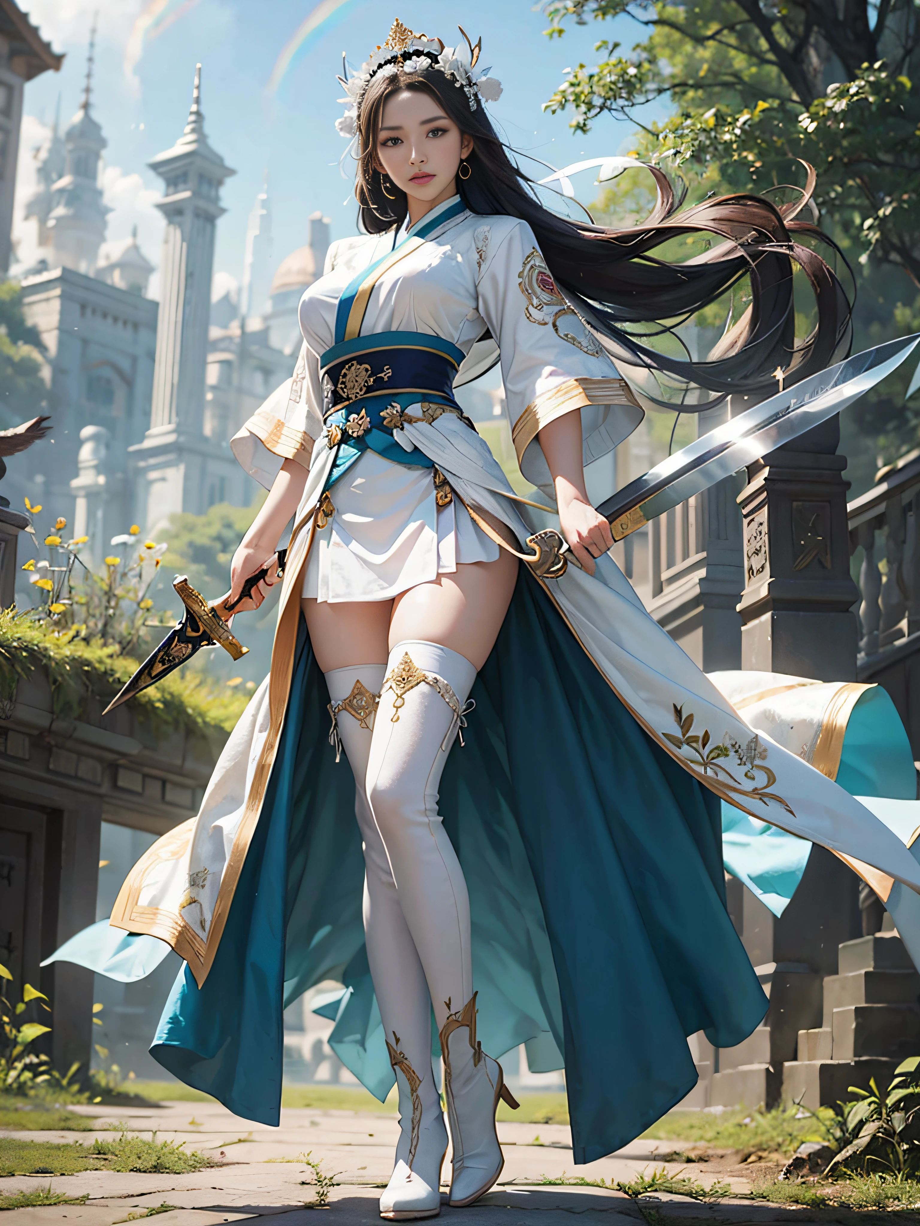 Royal sister，swordsmen，Big sister type，Oriental women，gallant woman，Cold sass，,tmasterpiece,A high resolution,,Absolutely beautiful,，（Wide buttock：1.4），（Thick legs：1.4），are standing，exquisitedetails,A high resolution,Wallpapers,1female,独奏,，enchanted、Raised sexy， Rich expressions， trinkets，Tight white hanfu,,校服，Short sleeves tight white trousers，Wearing white boots，With a sword，embroidery, natural poses,standing on your feet， Fanning，16K，HDR，A high resolution，depth of fields，Bocoon，prime time，Vignette，rainbowing，