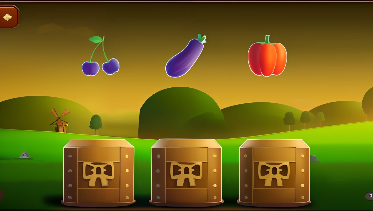 a close up of two boxes with vegetables and a windmill, 2 d game assets, game assets, 2d game asset, screenshot from the game, cut-scene, high quality screenshot, game screen, sentient fruit, game concept, widescreen shot, pc screenshot, harvest, gameplay, opening scene, 2 d game, postapo game, unity 2 d