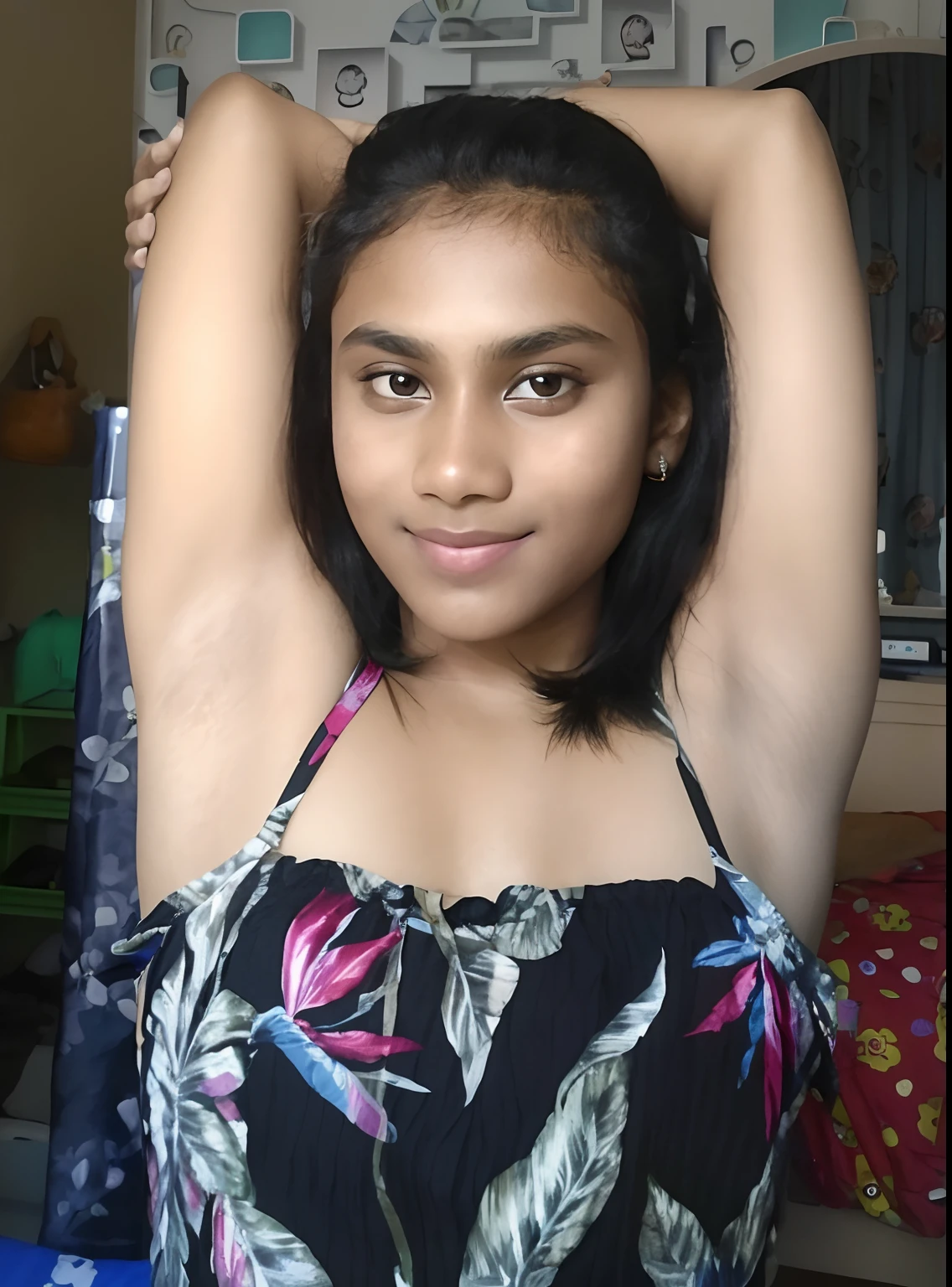 there is a woman that is posing for a picture in a room, armpit, indian girl with brown skin, she is about , hairy arms, with arms up, flat chested, pretty face with arms and legs, posing in a bedroom, sexy girl with dark complexion, she is about 20 years old