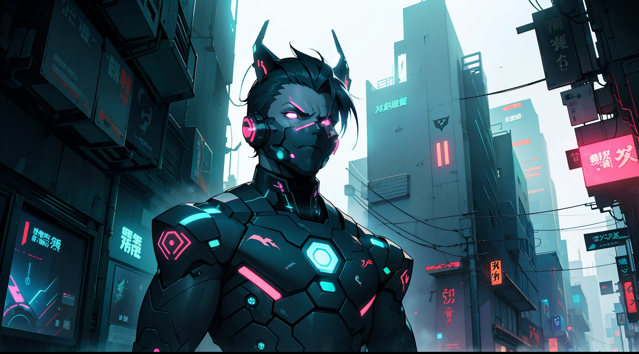 an enigmatic cybernetic mercenary operating in the shadows of the futuristic metropolis. His appearance is marked by luminescent tattoos that glow through his cybernetic skin. technological masterpiece, cybernetic limbs and implants, hacking details. fine features, anime style, (((anime style art)))