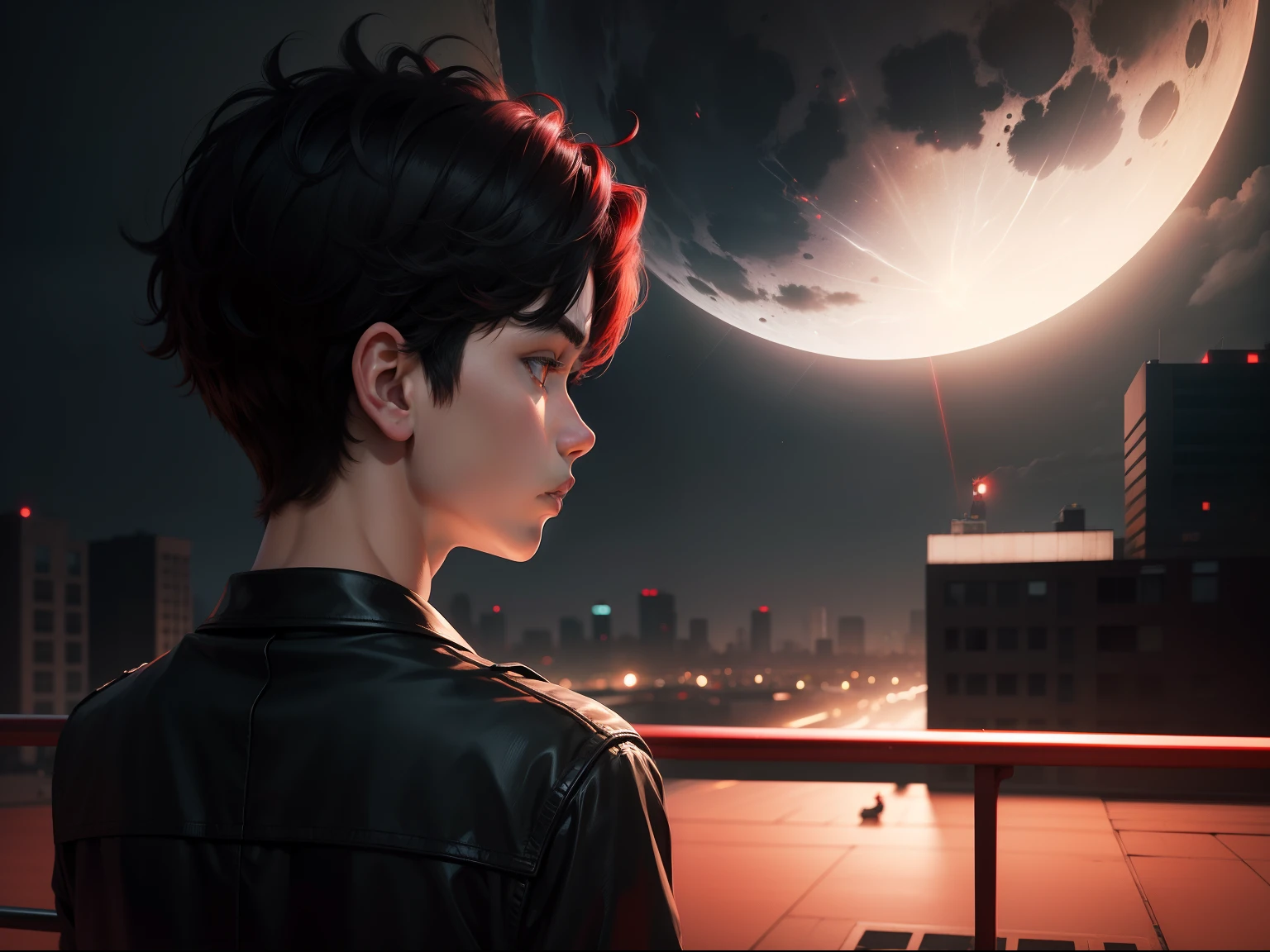 young boy,red-black,alone,pretty eyes,shadow lightning,back to look,shadow,realistic face,masterpiece,full moon,see to sky