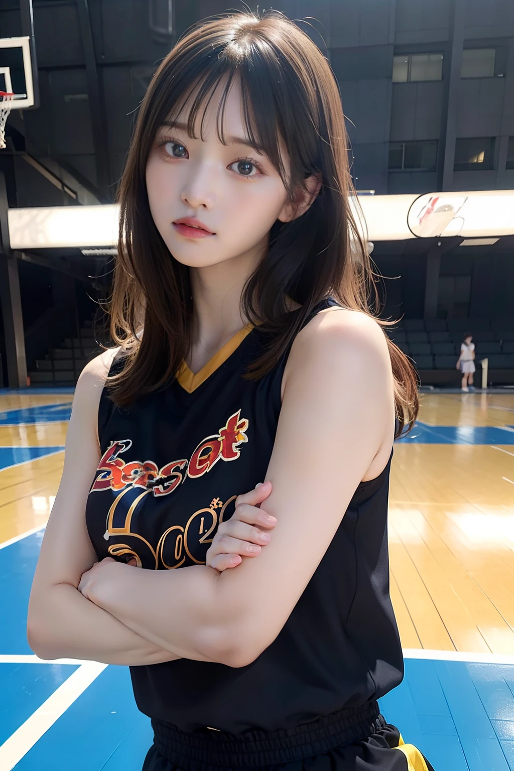 (8k, Best Quality, Masterpiece: 1.2), (Realistic, Photorealistic: 1.37), Super Detailed, Best Quality, Super High Resolution, Professional Lighting, Photon Mapping, Radiosity, Physically Based Rendering, Cinematic Lighting , basketball court, depth of field, focus, sun rays, good composition, (bokeh: 1.2), 1 girl, (whole body), (closed mouth), beautiful eyes, pose, constriction, basketball uniform, black hair , messy hair, long hair blowing in the wind,(ulzzang-6500:1.2) mix4, hiqcgbody