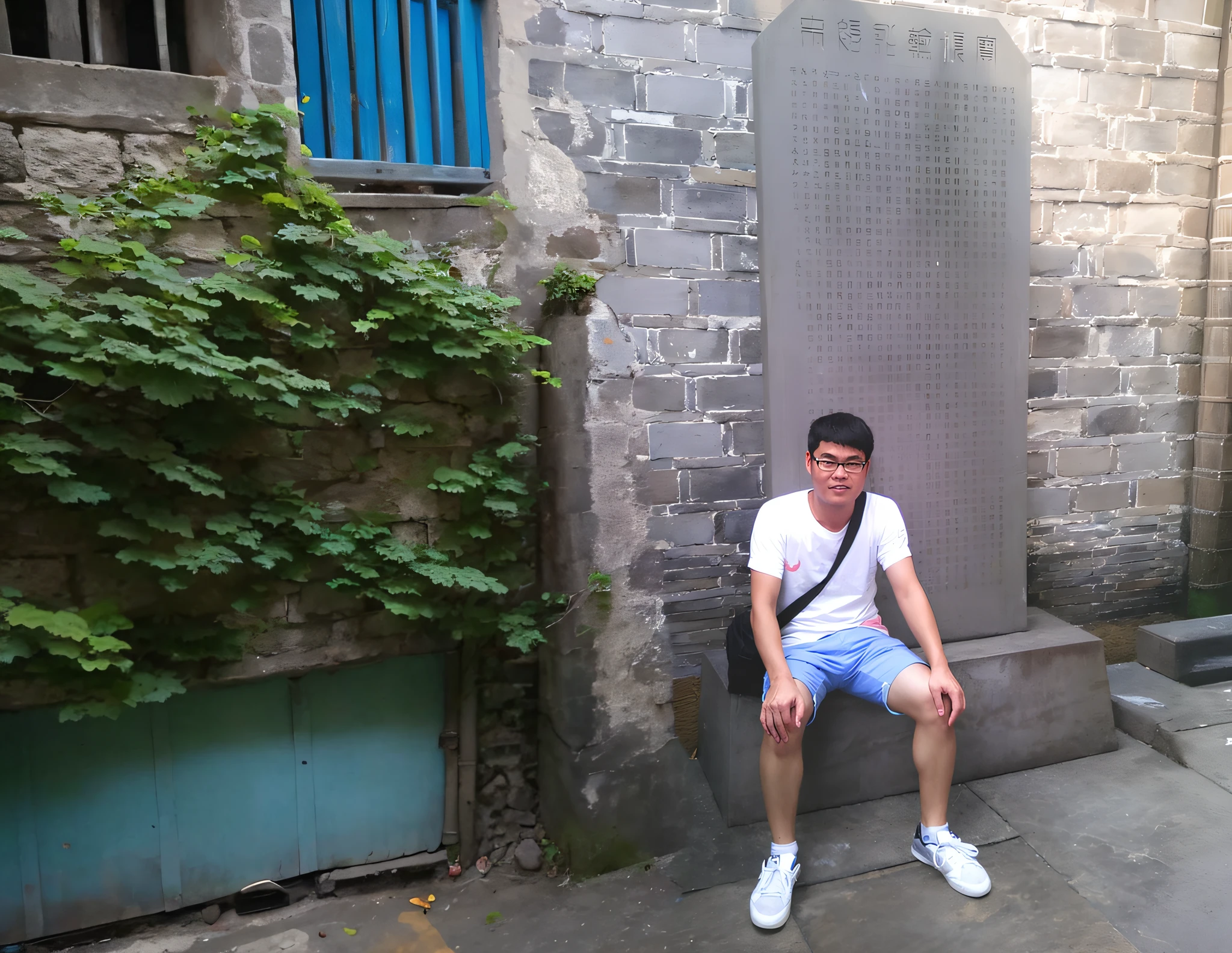 Small alley、Mottled stone walls、Young men、visitor、whitestocking、White sneakers、white short sleeve、blue short pants、thin、Black backpack、Black glasses、with fair skin、standing on your feet