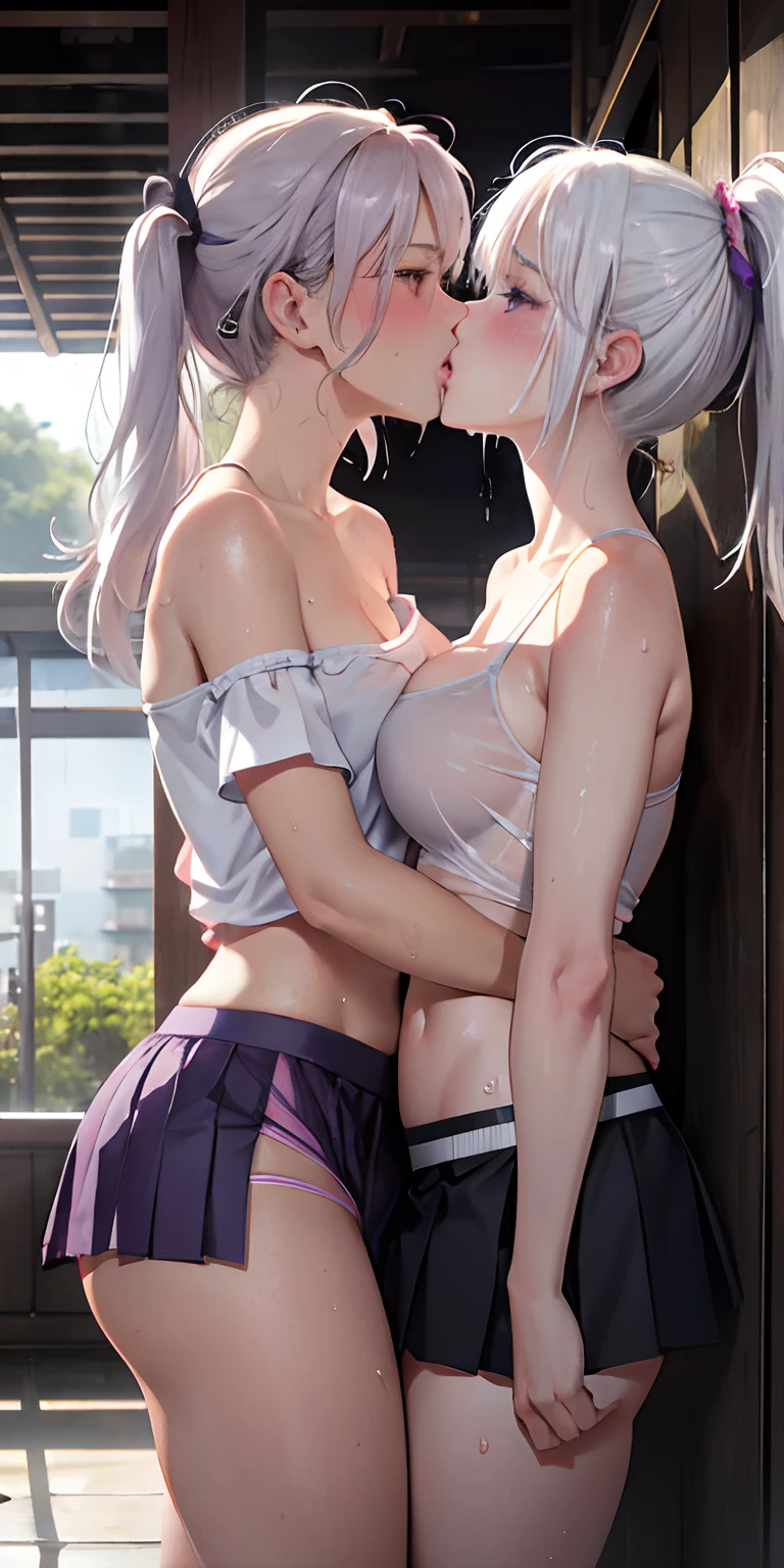 realistic, ponytail, blush, makeup, white hair, sportswear, skirt, wet clothes, glow, thighs, purple eye, bare shoulders, collarbone, narrow waist, sunbeam, sunlight, rose, wind, cleavage, (masterpiece), sweat, lesbian, kiss, 2girls, lesbian kiss, panties, panty_shot, 2 girls, Yuri