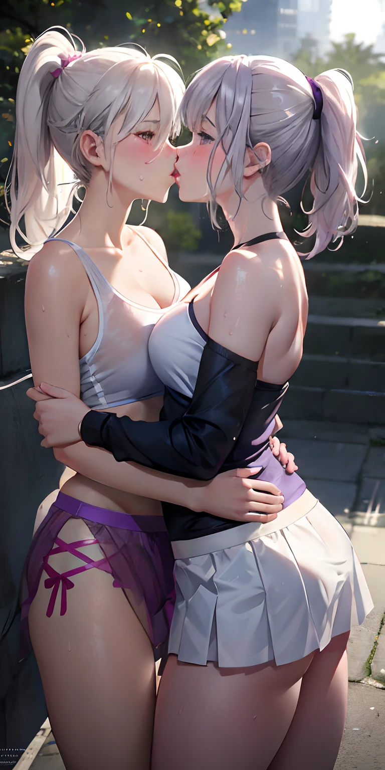 realistic, ponytail, blush, makeup, white hair, sportswear, skirt, wet clothes, glow, thighs, purple eye, bare shoulders, collarbone, narrow waist, sunbeam, sunlight, rose, wind, cleavage, (masterpiece), sweat, lesbian, kiss, 2girls, lesbian kiss, panties, panty_shot, 2 girls, Yuri
