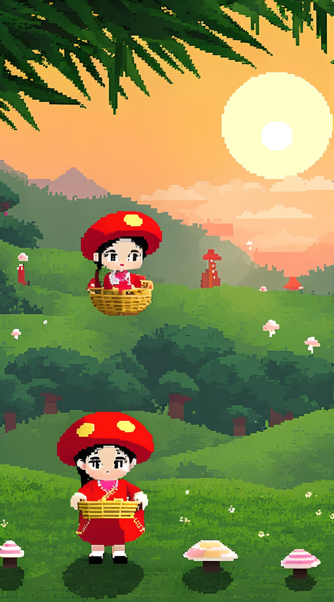 A little girl dressed in Chinese national costume picks mushrooms in the sunset forest with a bamboo basket in her hand，Mushrooms are spotless，solo，Beautiful sunlight，pixelart