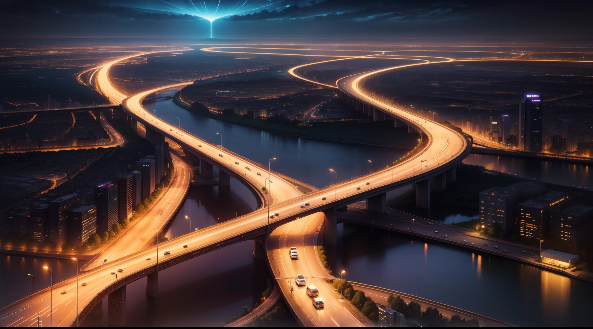 Urban highways，Dazzling lights，Futuristic，Positive