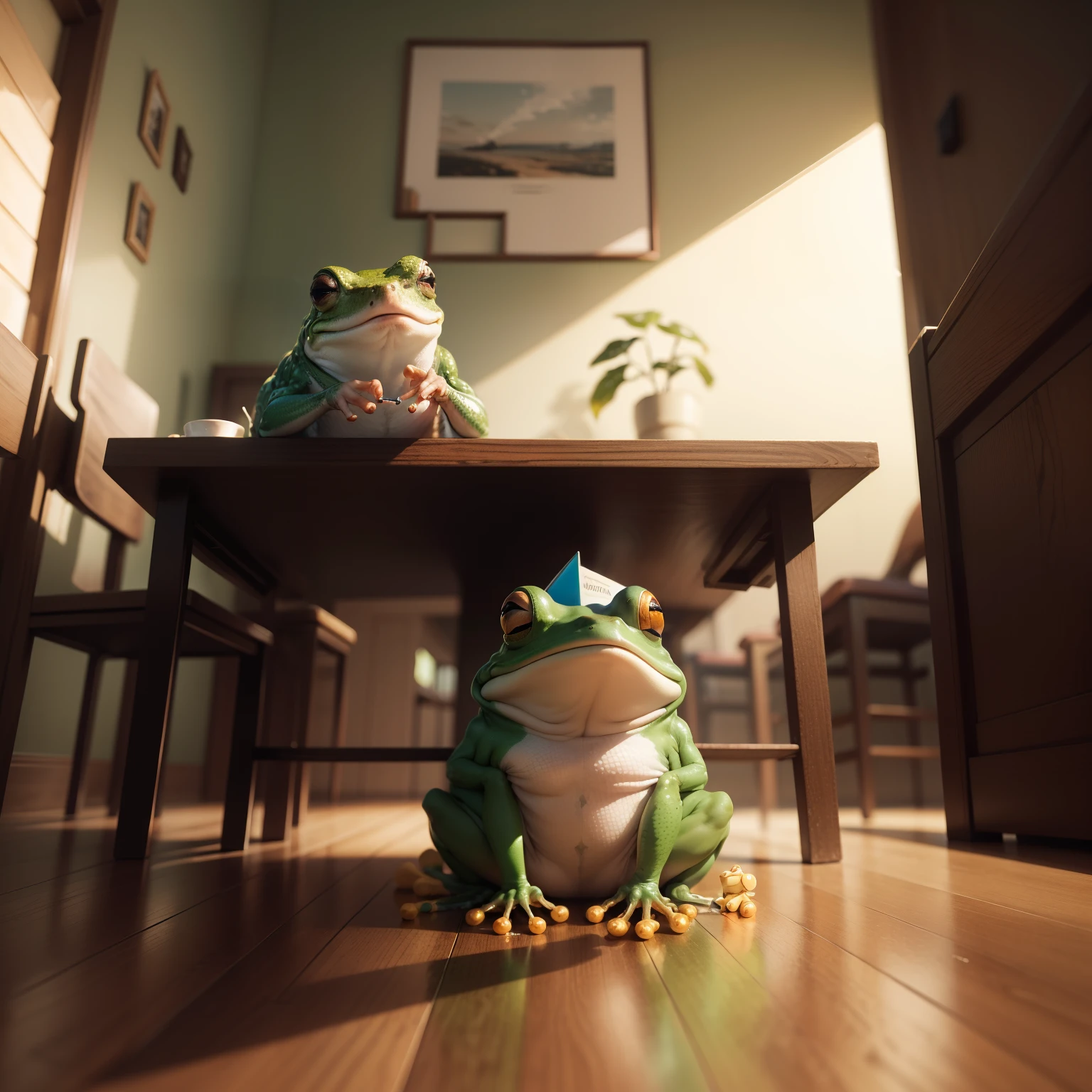 ((melhor qualidade)), ((obra-prima)), ((realista)), (detalhado), alta qualidade, highres, absurdres, A frog sitting in a chair with his feet under the table smoking a cigarette