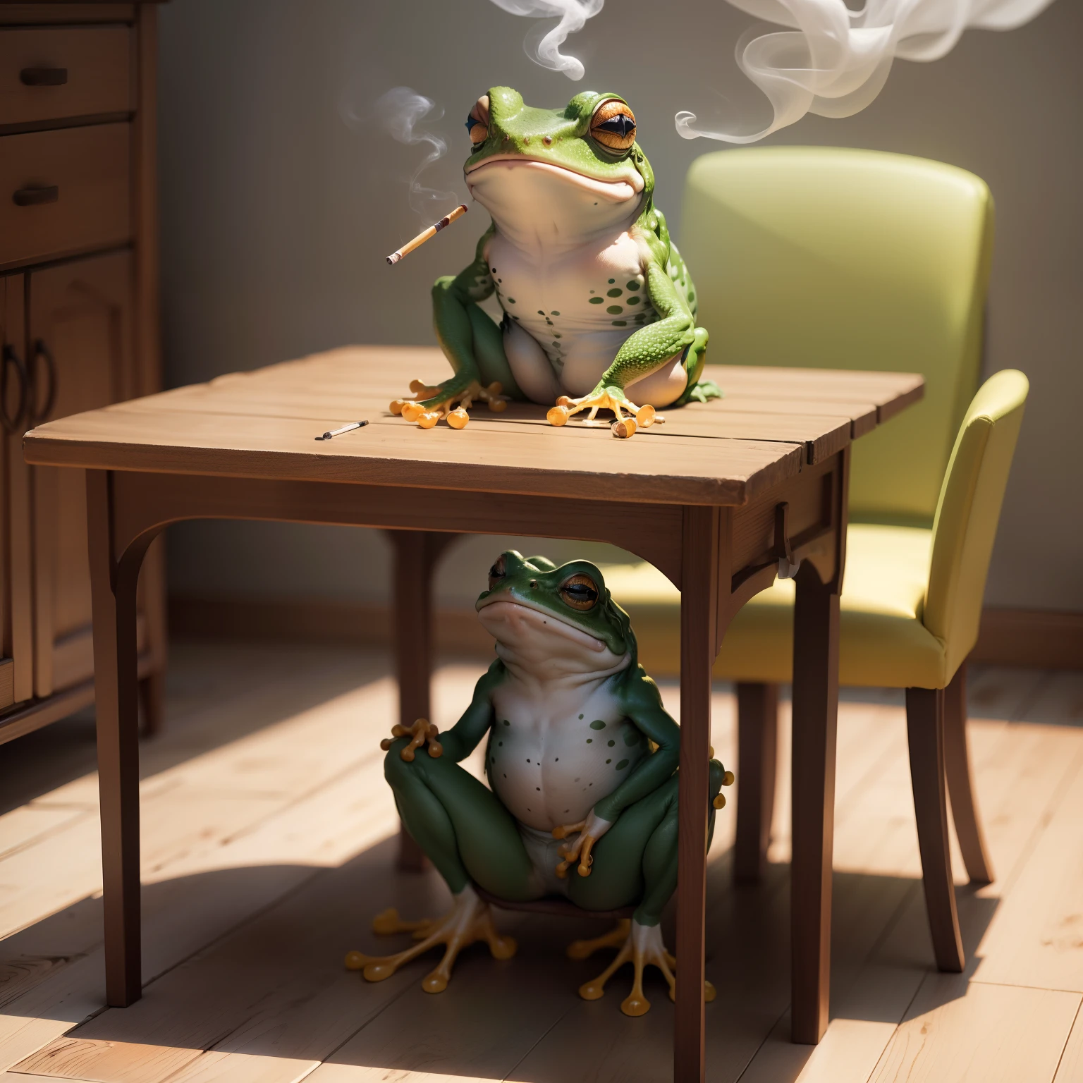 ((melhor qualidade)), ((obra-prima)), ((realista)), (detalhado), alta qualidade, highres, absurdres, A frog sitting in a chair with his feet under the table smoking a cigarette