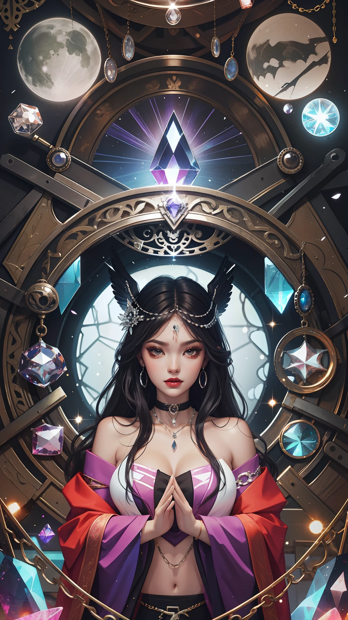 Model: long wavy black hair, full dark lips, Smoky eyes, BREAK, Setting: Room with black light, Broken glass, Crystals reflect light, neon lights, BREAK, bodypaint: Polychromatic geometric patterns, Torso cover, Arms and legs, BREAK, Accessories: Chrome-plated chains with torn body, Silver Choker, black feathered white black wings, BREAK, the pose: crouching, The head is tilted upwards, looking forward.