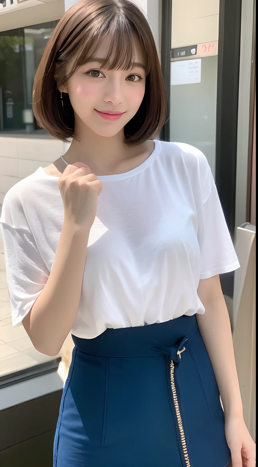 (8K、Raw photography、top-quality、masuter piece:1.2)、ultra-detailliert、ultra res、(realisitic、rialistic photo:1.37)、portlate、high-definition RAW color photography、Professional Photography、highly detailed and beautiful、ighly detailed、8K Picture Wallpaper、amazing detailed、huge filesize、Official art、Highly detailed CG Unity 8K wallpapers、highly detailed beautiful girl、extra detailed face、extremely detailed eye、highlydetailed skin、extremely detailed fingers、highly detailed nose、very detailed detailed mouth、Perfect Anatomy、highly detailed back ground、Highly detailed clothing、女の子 1 人、(18:1.2)、Teen、Cute little girl s、famous Japan idol、cute little、Realistic body、小柄、de pele branca、glistning skin、Slim body、Handsome body、brown haired、short constricted curly hair、(Blunt bangs:1.2)、A smile、kawaii、zora々Right、kawaii faces、Lifelike face、Delicat eyes、Sauce order、White T-shirt、skirt by the、耳Nipple Ring、Looking at the camera、cowboy  shot、front facing、Standing、Contrapo, high street, public, 动态照明,short-hair、bobhair、shorth hair