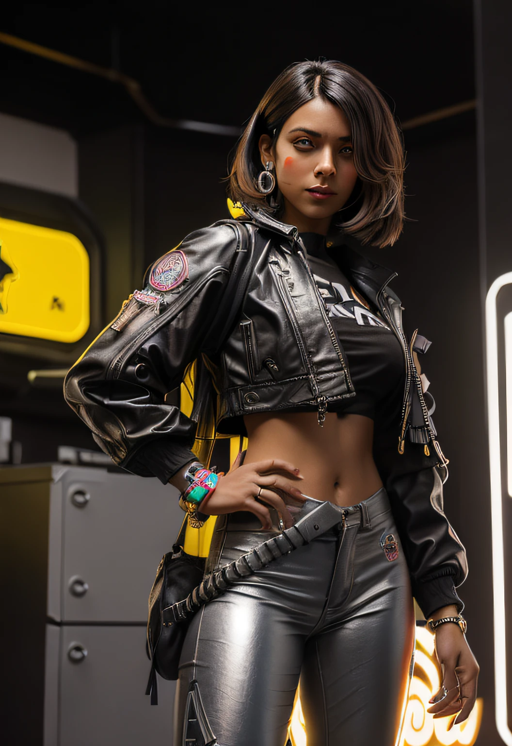 Madre Chalotra, (1mujer), (cuerpo completo), (Aspecto cyberpunk 2077), (largo apretado brillante, metallic leather pants, acentos brillantes:1. 4), (Cyberpunk urbano fondo bokeh:1. 3), Calles mojadas de la ciudad, neon, (piel de olivo:1. 3), (largo, loose dark brown hair), eyes symmetrical, realista, foco nítido, Altamente detallado, intrincado, Cinematographer, hiperrealismo, hiperrealista, (toned stomach:1. 2), (pechos gigantescos:1.6)(pechos colgantes: 1.5)(aprietan los senos: 1.3)(bimbo 1.4)(tetas desproporcionadas: 1.4)
