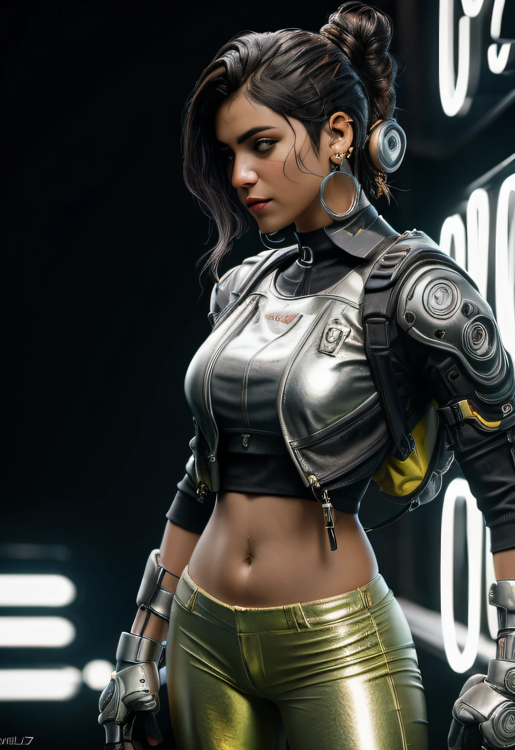 Madre Chalotra, (1mujer), (cuerpo completo), (Aspecto cyberpunk 2077), (largo apretado brillante, metallic leather pants, acentos brillantes:1. 4), (Cyberpunk urbano fondo bokeh:1. 3), Calles mojadas de la ciudad, neon, (piel de olivo:1. 3), (largo, loose dark brown hair), eyes symmetrical, realista, foco nítido, Altamente detallado, intrincado, Cinematographer, hiperrealismo, hiperrealista, (toned stomach:1. 2), (pechos gigantescos:1.6)(pechos colgantes: 1.5)(aprietan los senos: 1.3)(bimbo 1.4)(tetas desproporcionadas: 1.4)