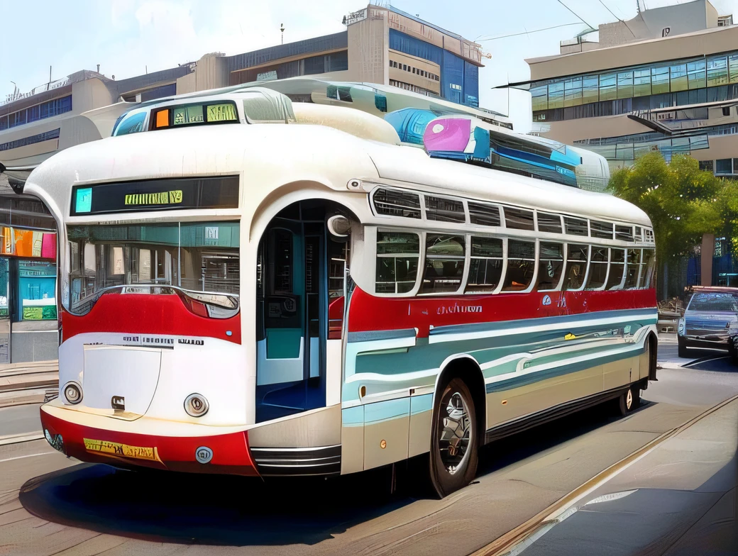 "futuristic bus, in a city of the twentieth century, UHD, obra maestra, exactitud, super detailed, alta calidad, galardonado, mejor calidad, high resolusion"