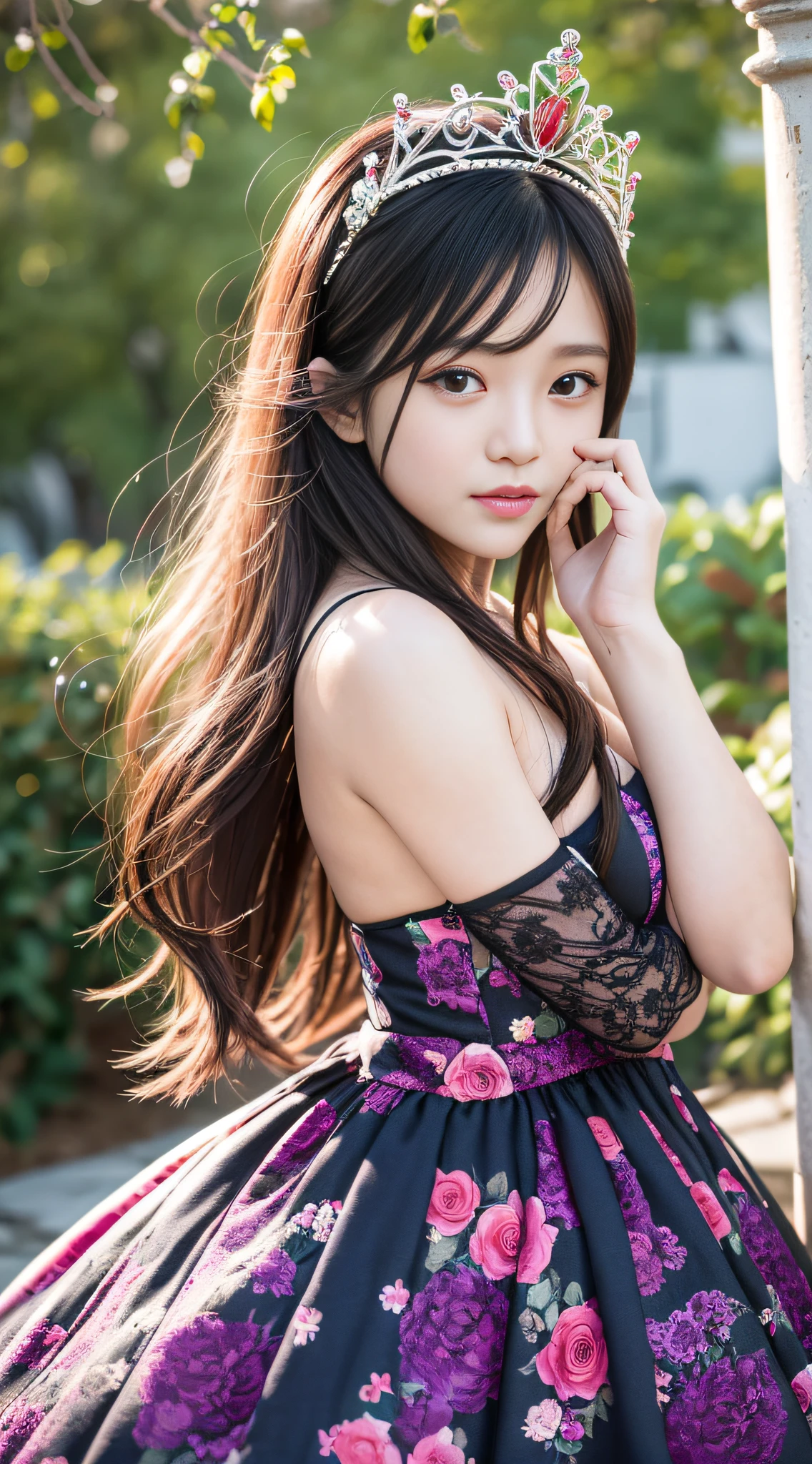 1girll，20 yrs，Beautiful vintage colors，Instagram（realisticlying，A high resolution：1.4），（puffy eye）），fully body photo（8K，RAW photos，best qualtiy，tmasterpiece：1.2），（realisticlying，Photorealistic and realistic：1.37），（Sharp focus：1.2），profesional lighting，photon maping，Radio City，physically-based renderingt，（paleskin：1.2），，（little breast：1.5），（Hair in the middle：1.2），（Front close-up），（Black hair：1.2），By bangs， 独奏，  (stands in the garden:1.3)， realisticlying， （tmasterpiece：1.4），（best qualtiy：1.4），（shiny skins），Fahi girl，putting makeup on，（Keep one's mouth shut：1.4），（being thin，is shy，：1.3），（wonderful dress：1.2）， Urzang-6500-V1 Edition, Edition, Edition, Edition.1， PureErosFace_V1， surrounded by colorful roses， (Sunset:1.3)，((Slim body))，tiara crown，Bokeh，hyper HD，(Vibrant and Colorful:1.3)，
