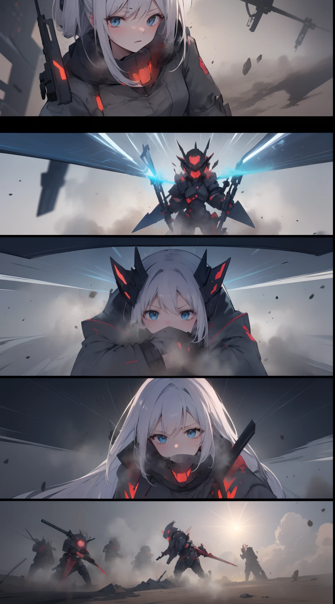 quadratic element，off-world，Battlefield background，many womans，handheldweapons，The expression is serious，Dust flying，There is the Tyndall effect