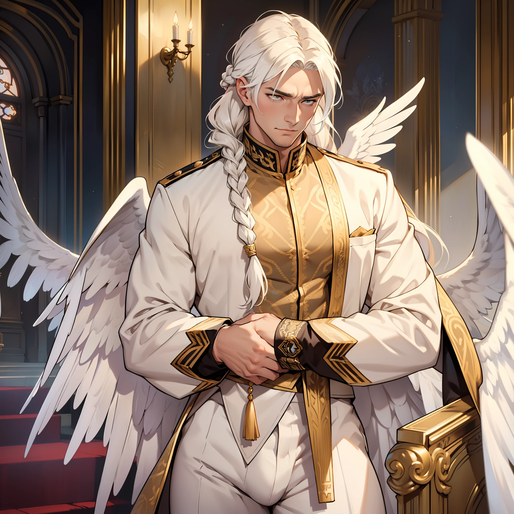 Handsome male. Long white hair. Golden eyes. Roman nose. Shy look. Soft doe eyes. Ecstasy expression. Royal white and gold lace lingerie . Huge white wings. Bulge in pants. White Phoenix. Shy. Shy. Braided hair. Bara male. Detailed body. Drooling. Begging. Whimpering. Ecstasy expression. Aroused. Detailed body. Good quality. Big bulge in pants. Erection. Hard erection