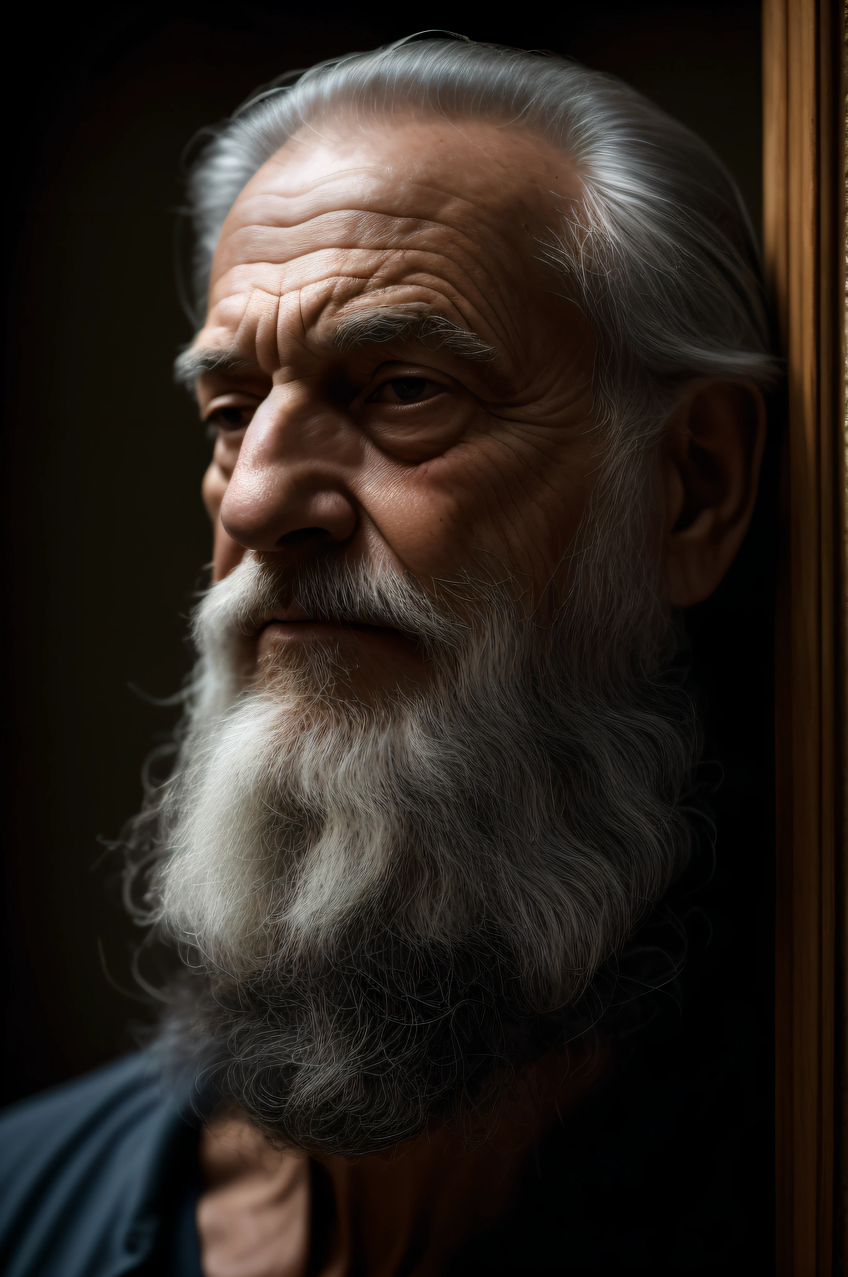 um close up de um homem com barba longa,pose estoica,inspirada em filosofos gregos e roamanos, Retrato tirado 8 K, retrato do homem velho, retrato ultra detalhado, homem de cabelos grisalhos escuros, color photograph portrait 4k, barba grisalha, foto do retrato de um homem velho, Retrato de 50mm, cinematic portrayal, Retrato de 60mm, Retrato 4k, longa barba cinzenta, barba grisalha