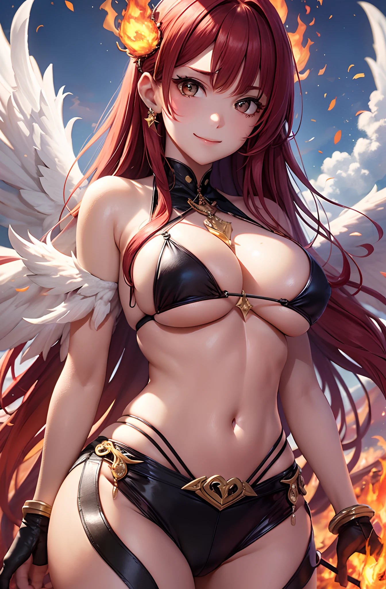 top-quality、超A high resolution、(Photorealsitic:1.4)、japanes、alluring face。Model face。Long hair。thin。a smile、The bikini、beautiful detail、red hairs。huge tit。a miniskirt。耳Nipple Ring。Raking hair。detaileds。vivid。realistic detail。realisitic。large wings on the back。on clouds。Clouds around。Mass of clouds。barechested。the angel's wings。long wings。Wide wings。lift the breast。Flame control at your disposal。Beauty who manipulates fire。Flame Magic。Flame Weapon。Giant flames。Flame from the palm。Colossal tits。Luminous Eyes。A beautiful woman who can manipulate flames at will。
