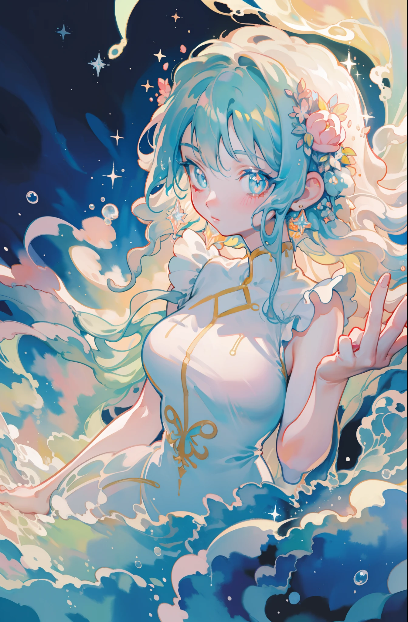 masterpiece, best quality, sharp focus, 8k, intricately detailed environment, anime, watercolor illustration, colorful, bright colors, whimsical, glowing lights, liquid otherworldly, fairy lights, beautiful girl in flowing liquid glowing dress, perfect face, golden ratio, sparkling eyes, watercolor, liquid light, angel wings