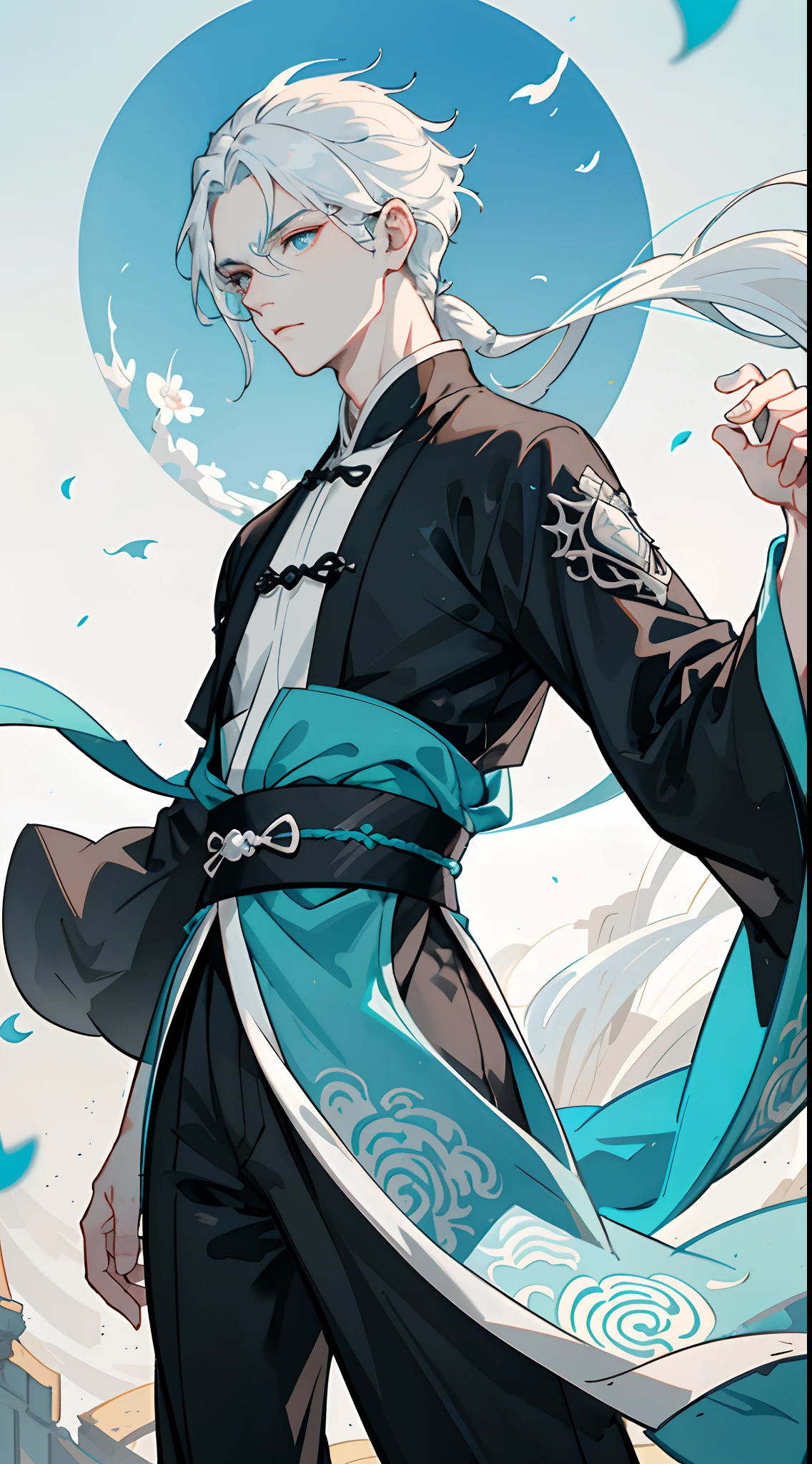 Mature boy, turquoise eyes, black-white hair color, floating hair, delicate and flexible eyes,perfect hands, intricate damask hanfu, side view, fov, f/1.8, masterpiece, ancient Chinese architecture, blue sky, flower petals flying, front portrait shot, Chang'e, side lighting, sunlight on people, 8K