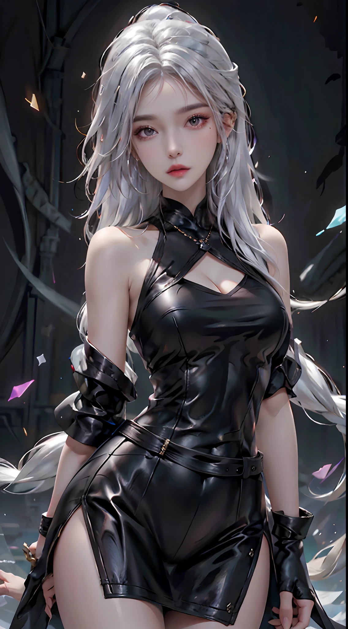 photorealistic, high resolution, 1women, solo, hips up, look at viewer, (detailed face), white hair, black dress, kda