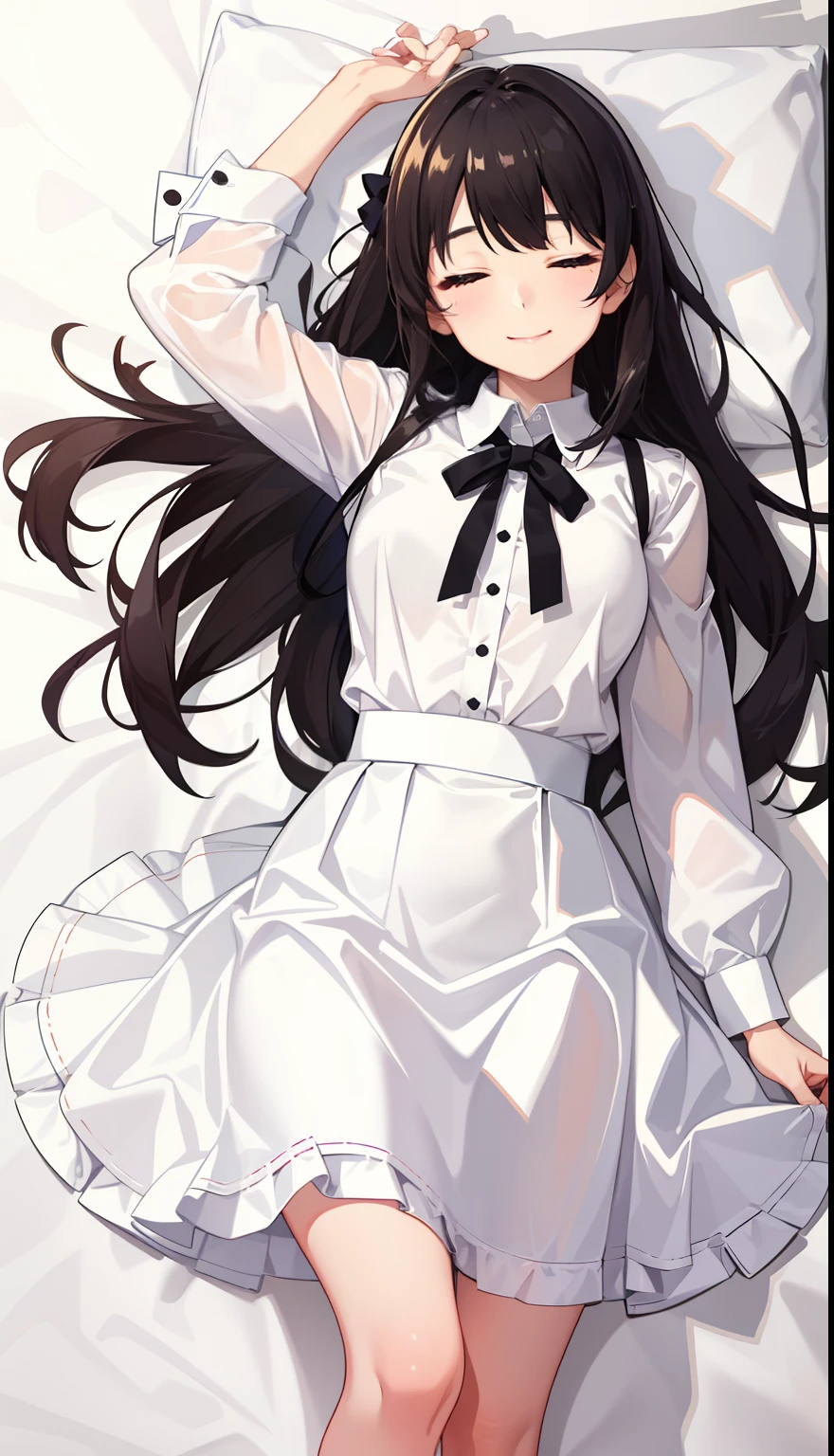 1girl in、A smile、A delightful! The shirt、pleatedskirt、White skirt、(small tits)Sleeping in large letters、