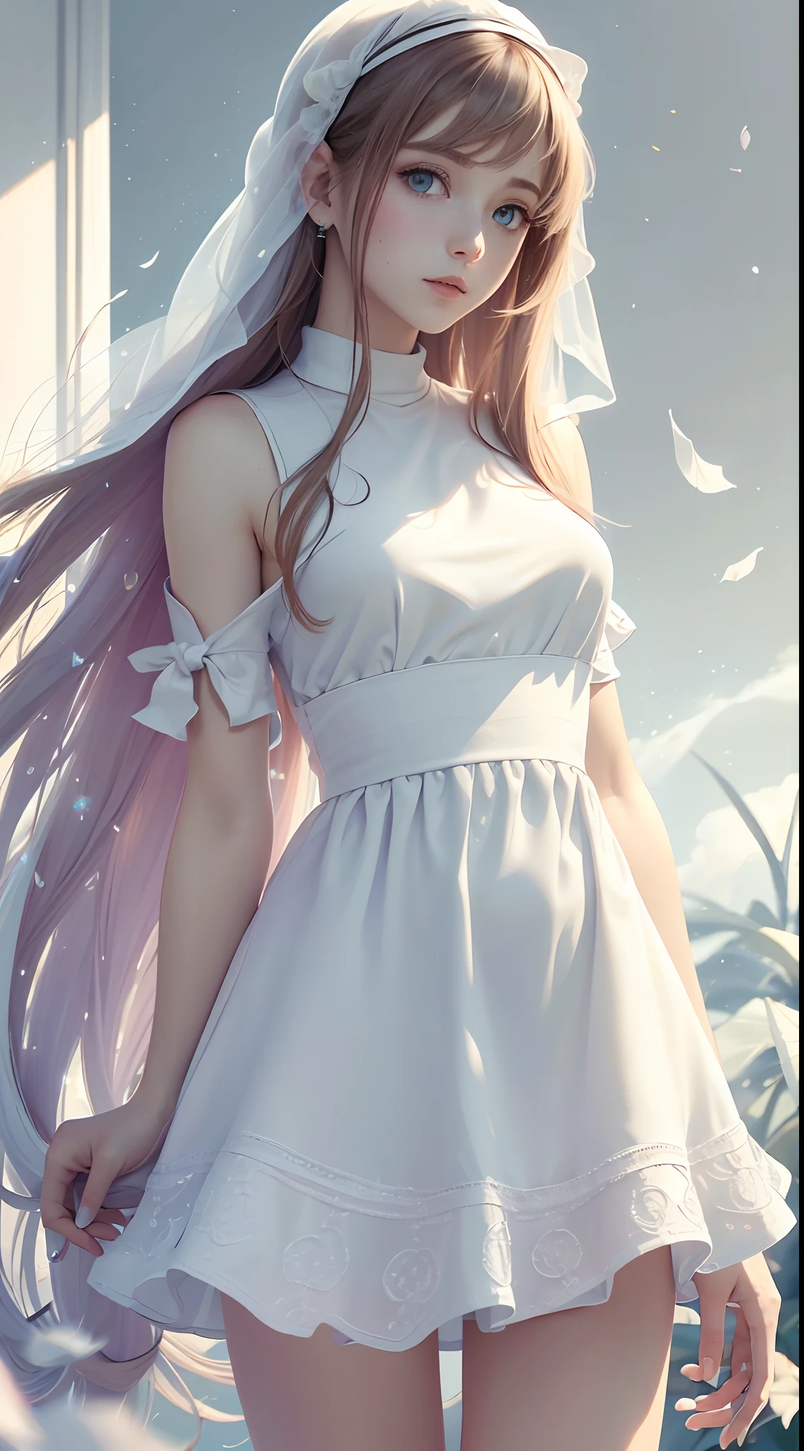 Plain white background,Plain white background,Plain white background,fully body photo,Pink slip cult patterned dress,(tmasterpiece:1.4),(best qualtiy:1.4), ,,, Extremely delicate and beautiful eyes and face, 1girll, are standing, Clothing model, Shot, brunette color hair, Look at the audience, 独奏, White sneakers, red color eyes, long whitr hair, , bluntbangs, CG, Unified 8K resolution --auto --s2