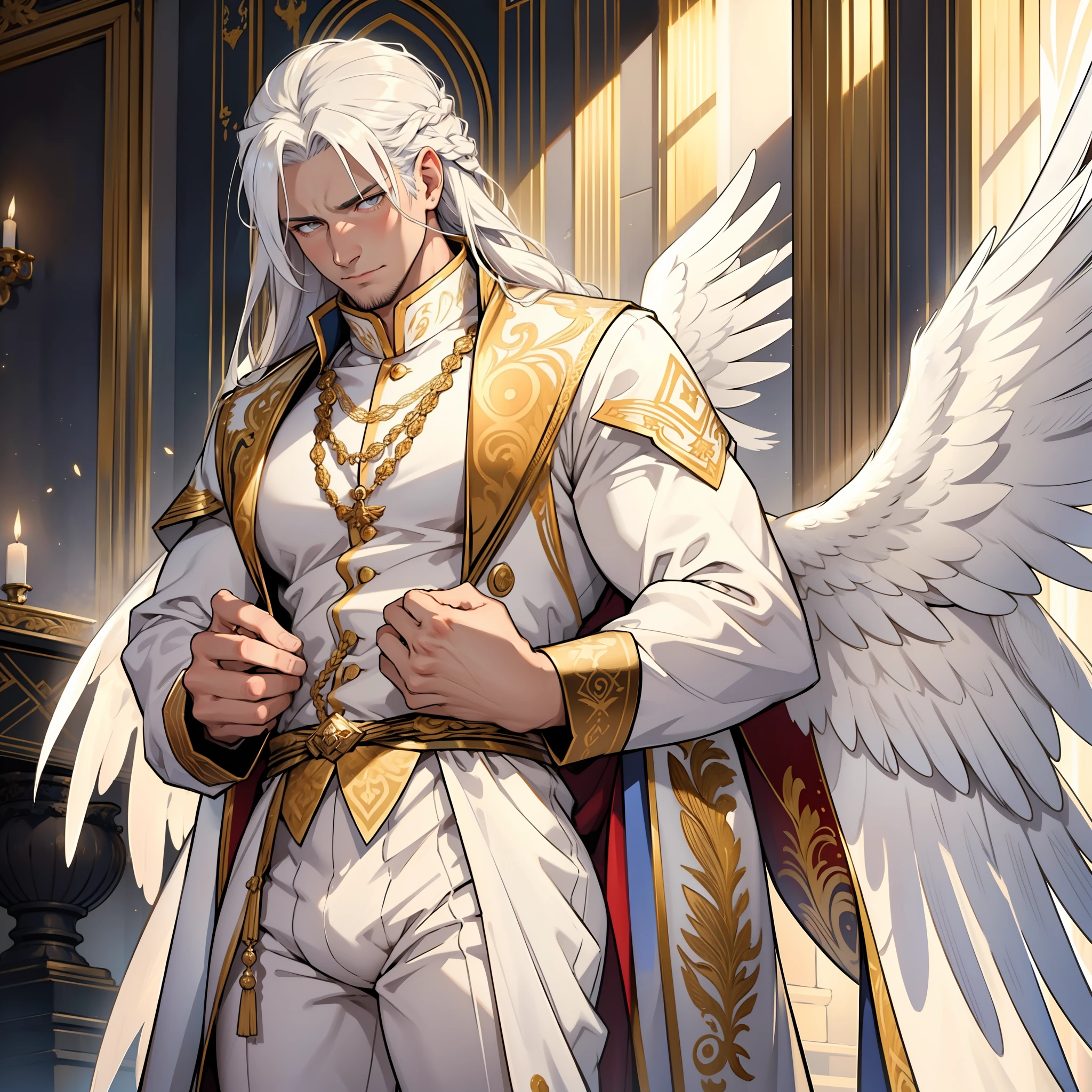 Handsome male. Long white hair. Golden eyes. Roman nose. Shy look. Soft doe eyes. Ecstasy expression. Royal white and gold lace lingerie . Huge white wings. Bulge in pants. White Phoenix. Shy. Shy. Braided hair. Bara male. Detailed body. Drooling. Begging. Whimpering. Ecstasy expression. Aroused. Detailed body. Good quality. Big bulge in pants. Erection. Hard erection