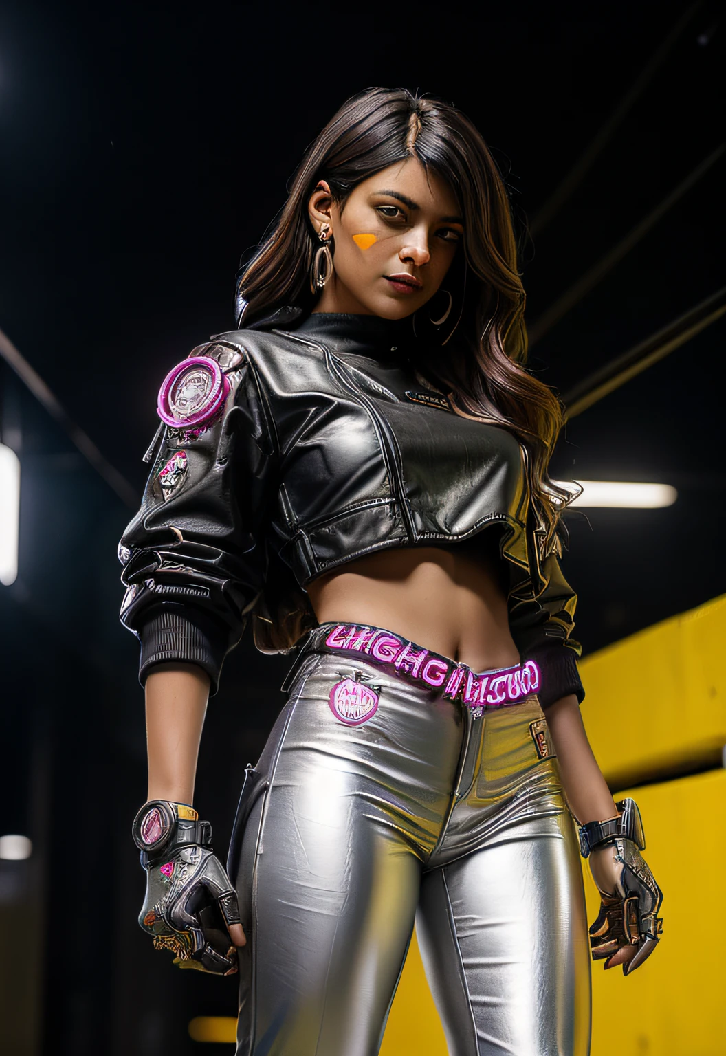 Madre Chalotra, (1mujer), (cuerpo completo), (Aspecto cyberpunk 2077), (largo apretado brillante, metallic leather pants, acentos brillantes:1. 4), (Cyberpunk urbano fondo bokeh:1. 3), Calles mojadas de la ciudad, neon, (piel de olivo:1. 3), (largo, loose dark brown hair), eyes symmetrical, realista, foco nítido, Altamente detallado, intrincado, Cinematographer, hiperrealismo, hiperrealista, (toned stomach:1. 2), (pechos gigantescos:1.6)(pechos colgantes: 1.5)(aprietan los senos: 1.3)(bimbo 1.4)(tetas desproporcionadas: 1.4)
