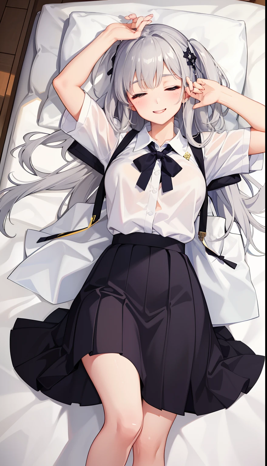 1girl in、A smile、A delightful! The shirt、pleatedskirt、White skirt、(small tits)Sleeping in large letters、