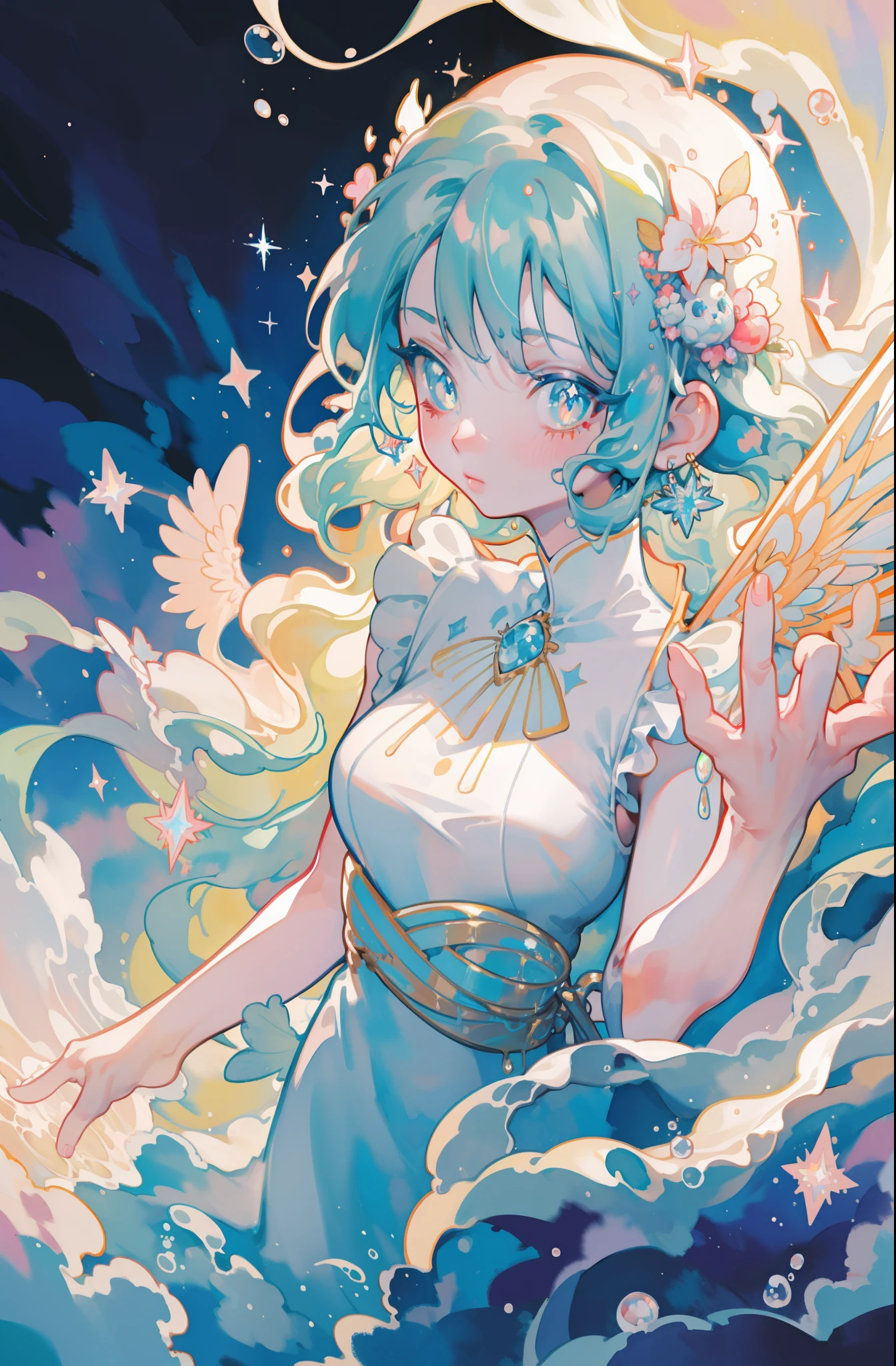 masterpiece, best quality, sharp focus, 8k, intricately detailed environment, anime, watercolor illustration, colorful, bright colors, whimsical, glowing lights, liquid otherworldly, fairy lights, beautiful girl in flowing liquid glowing dress, perfect face, golden ratio, sparkling eyes, watercolor, liquid light, angel wings