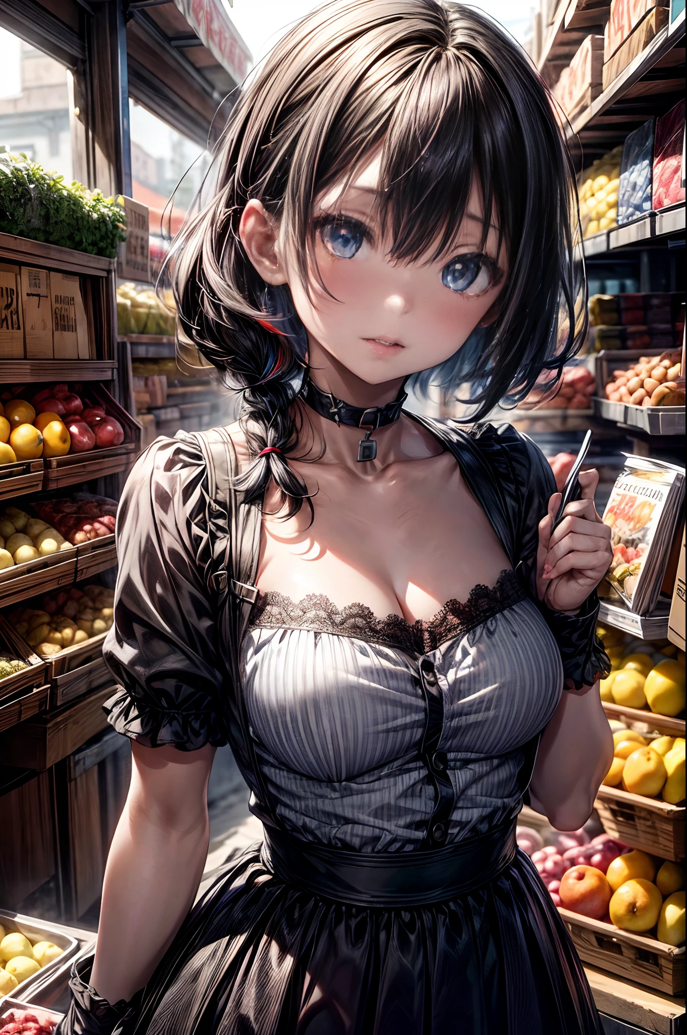 mash kyrielight, White hair, short hair, red eyes, girl, woman, female, , child,ears olir, curly hair, bangs, eyes visible through hair, side braid, white and black hair, multicolored hair, red  inner color, beautiful detailed Glass hair, delicate beautiful face, red pupils, fangs, small_breasts, pale blue eyes, white skin, choker, gloves, nice hands, perfect hands, camisole, holding fruit, lemon, grapefruit, parted lips, blush, skirt, earring, holding food, bang, in fruit market, more_details:-1, more_details:0, more_details:0.5, more_details:1, more_details:1.5